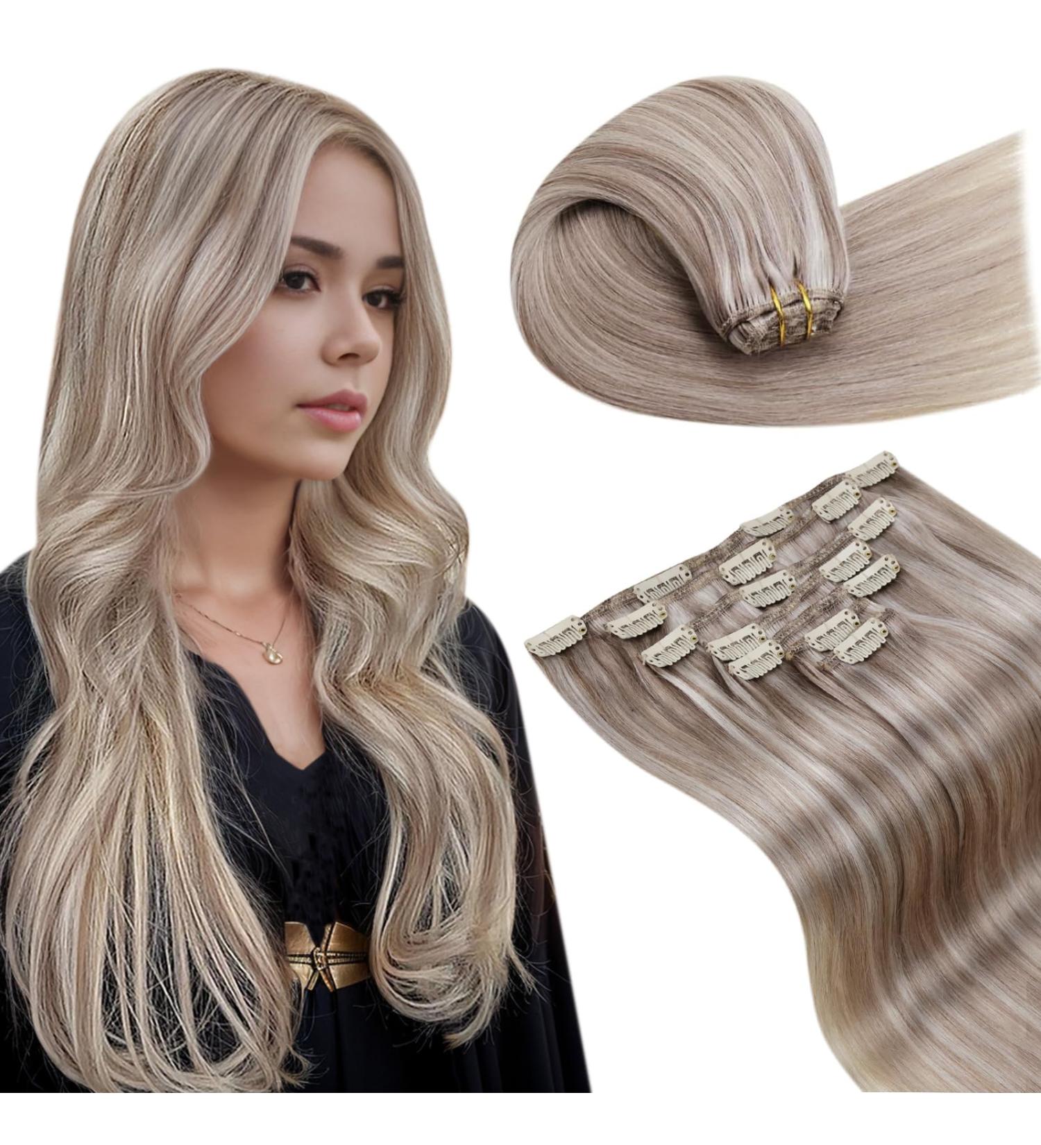 LAAVOO 55cm Clip-In Real Hair Extensions - Blond Ashblond Highlights 105g 7 Pieces - Premium Remy Hair for Glamorous Volume - Buy Online on GoSupps.com