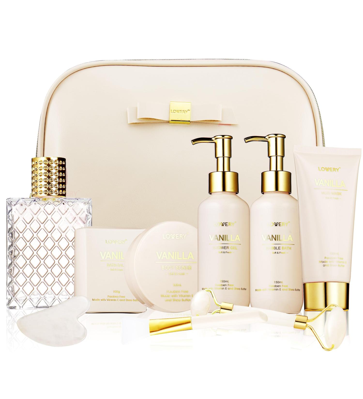 Valentines Day Gifts for Women Vanilla Spa Gift Basket for Women - Self Care Kit Bath Set with Shower Gel Bubble Bath Perfume Gua Sha Jade Roller - Birthday Gift Set for Women Mom Mother's Day - Buy Online on GoSupps.com