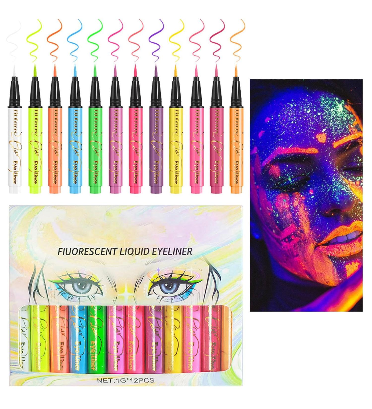  Sirseon Colored liquid eyeliner waterproof eyeliner | Waterproof fluorescent eyeliner with face glitter 12 pigmented neon UV graphic eyeliners - Buy Online on GoSupps.com