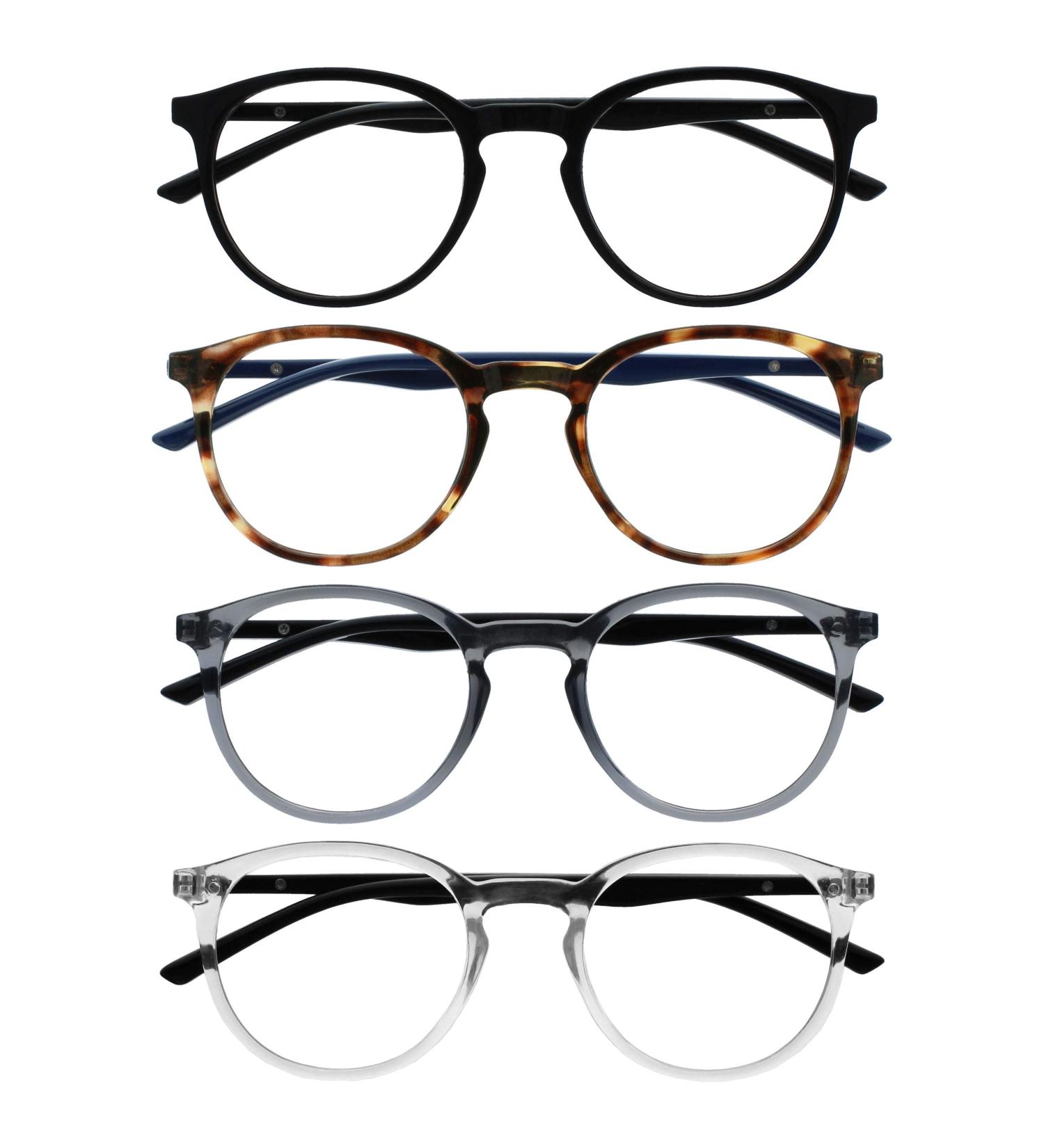 Opulize Met 4-Pack Reading Glasses | Stylish Big Round Frame | Black Brown Gray Clear | Men's & Ladies | +1.50 Diopters | Feather Hinges | International Shipping - Buy Online on GoSupps.com