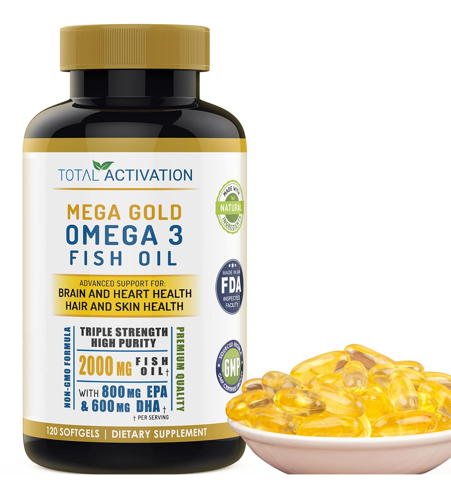 Omega 3 Fish Oil Supplement 2000mg with EPA DHA & Vitamin E Burpless Triple Strength Support for Men & Women 120 Easy Swallow Softgels - Buy Online on GoSupps.com