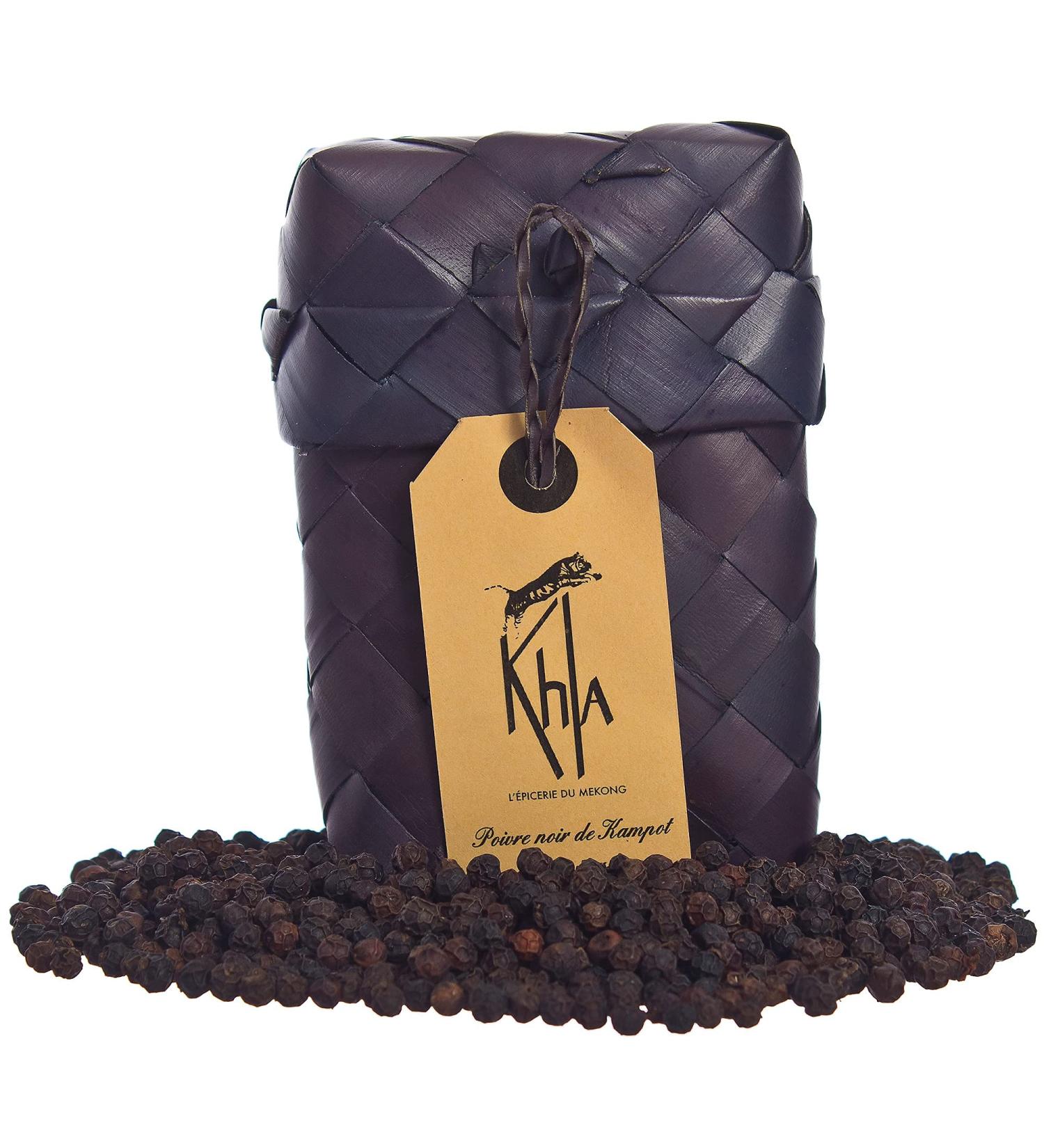 Khla Poivre Noir de Kampot Premium IGP - 50g - Poivre en Grains en Sachet - Emballage Traditionnel en Feuilles de Palme - Buy Online on GoSupps.com