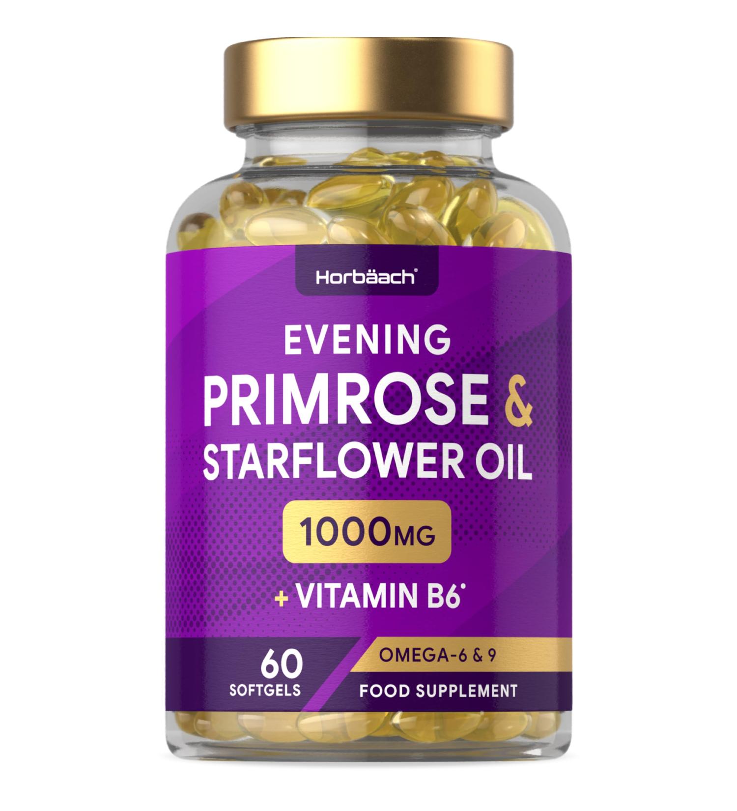 Evening Primrose and Starflower Oil Capsules 1000mg | with Vitamin B6 | 60 Softgels | Rich Source of Omega 6 GLA & 9 Oleic Fatty Acids | by Horbaach - Buy Online on GoSupps.com