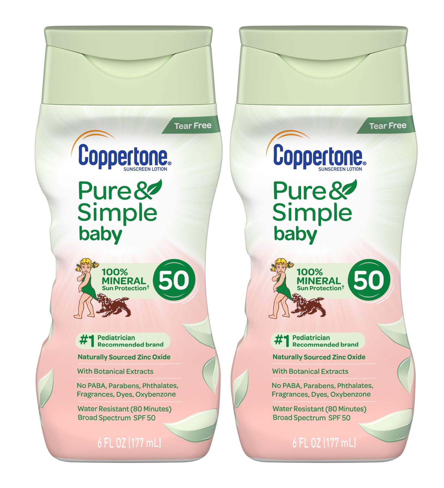 Coppertone Pure Simple Baby Tear Free MineralBased Sunscreen Lotion Broad Spectrum SPF 50, 6 Fluid Ounce (Pack of 2), 12 Fl Oz PACK Of Two