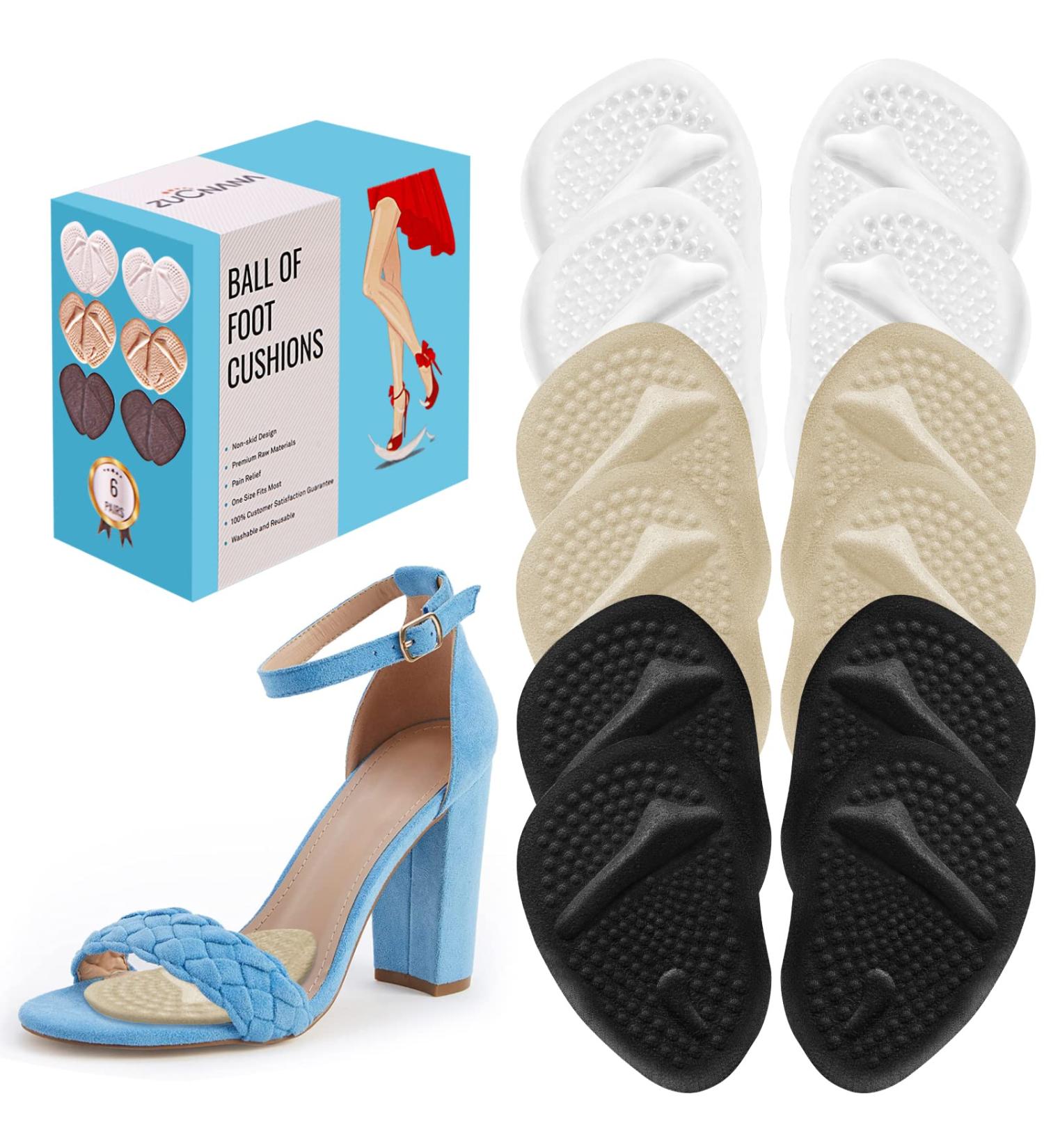 Metatarsal Pads for Women - 12 Pieces | Ball of Foot Cushions for Pain Relief | Reusable Shoe Inserts | Anti-Slip High Heel Inserts for Neuroma & Callus - One Size Fits All (Beige/Black/Clear) - Buy Online on GoSupps.com