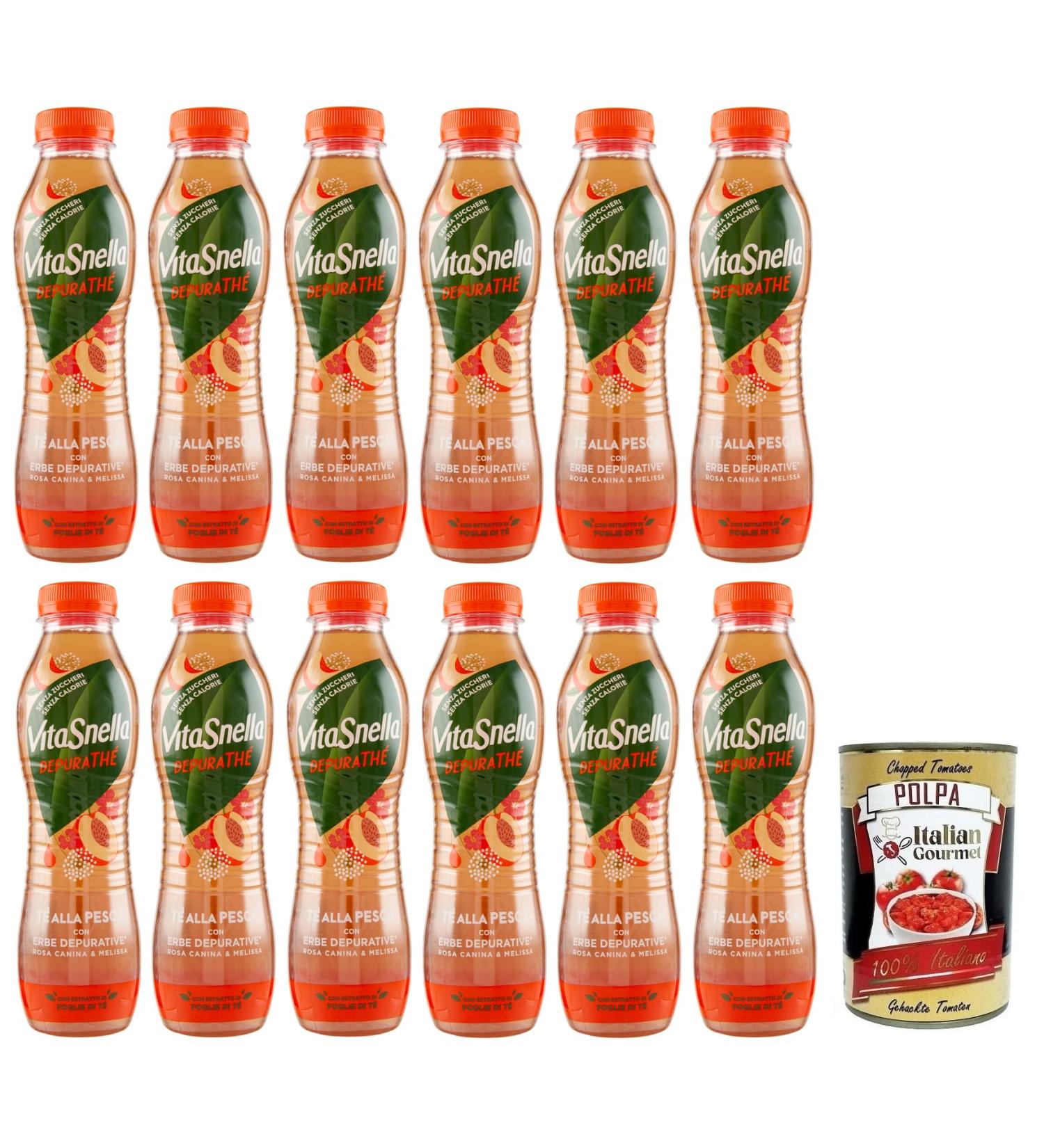  Italian Gourmet E.R. Vitasnella Depurath T alla Pesca peach iced tea with cleansing herbs rosehip and lemon balm sugar-free disposable PET 500 ml + Italian Gourmet Polpa di Pomodoro 400 g box - Buy Online on GoSupps.com