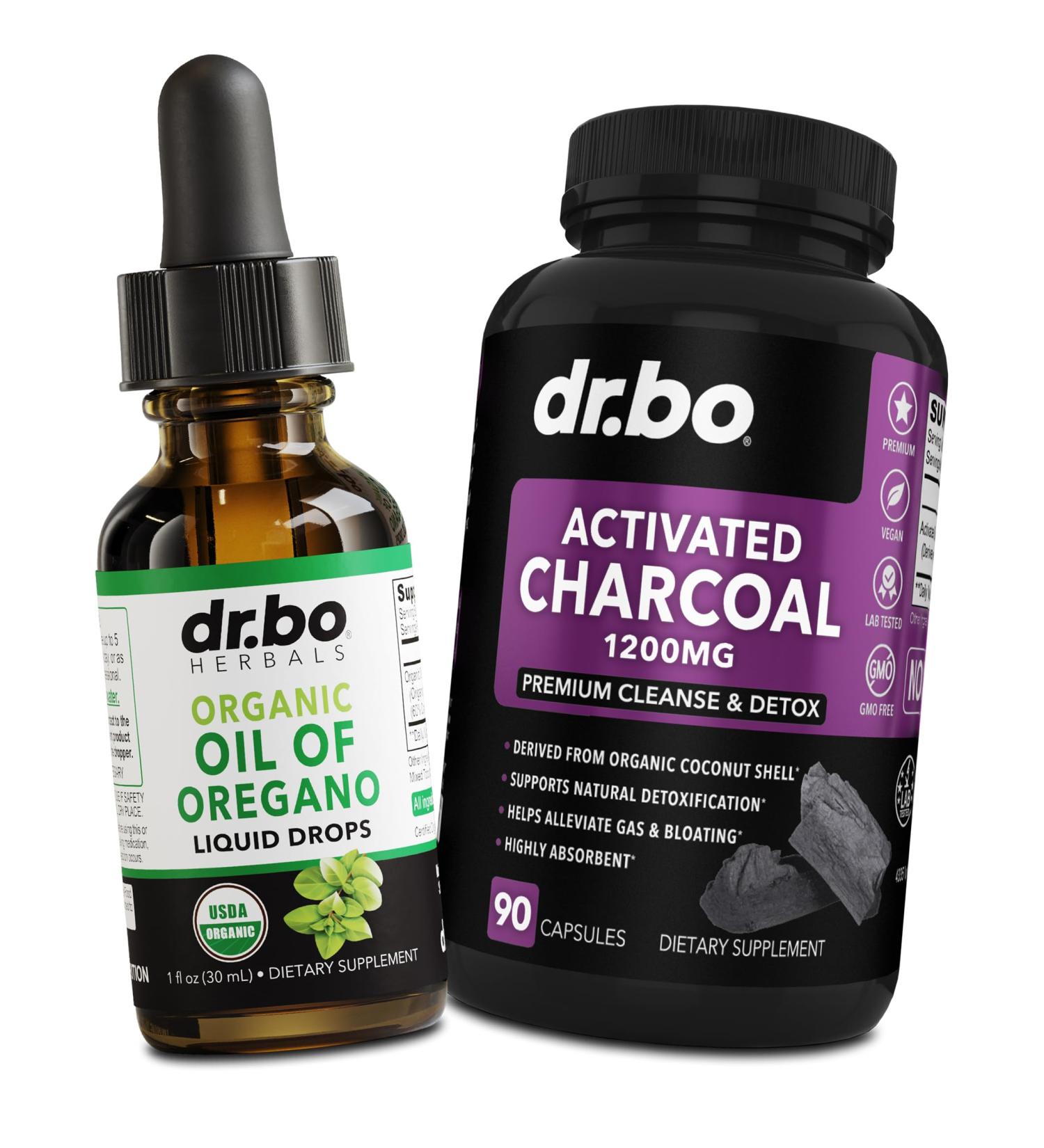 Oregano Oil Organic Liquid Drops & Charcoal Capsules - Oil of Oregano Drops Tincture Extract & Charcoal Pills for Stomach Gas Cleanse Detox Immune Support Digestive Binder - Organic - Buy Online on GoSupps.com