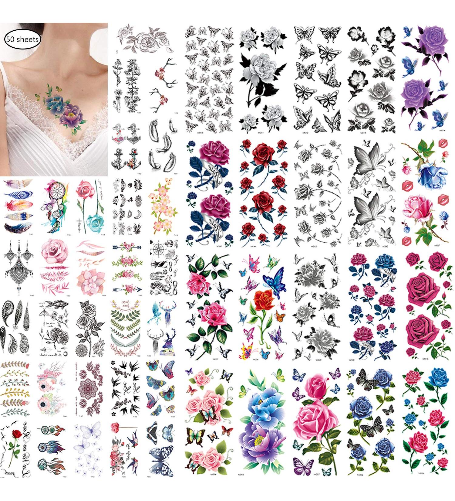Waterproof Flower Floral Butterfly Temporary Tattoo Stickers for Women - 50 Sheets - Buy Online on GoSupps.com
