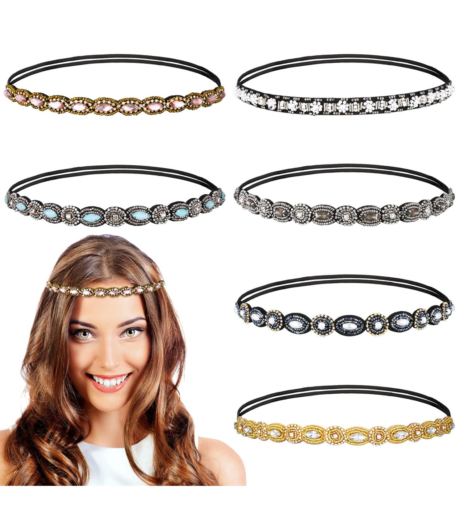 Jutom Rhinestone Beaded Headbands - Set of 6 | Elastic Crystal Stretch Hairbands for Women & Girls - Buy Online on GoSupps.com
