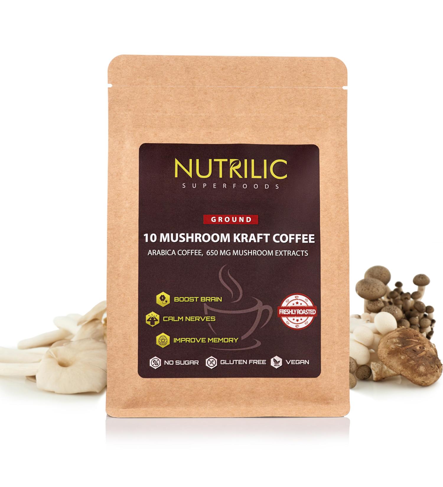 Nutrilic 10 Mushroom Ground Coffee Arabica Blend with Lions Mane Chaga Reishi Shiitake Cordyceps Ginseng Tremella Golden Mushroom and Maitake - Buy Online on GoSupps.com