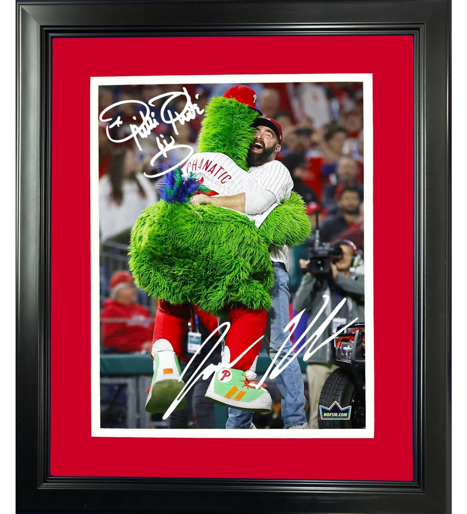 Framed baseball photo by Phillie Phanatic & Jason Kelce dual faksimile laser engraving autograph Philadelphia Phillies 30.5 x 38.1 cm baseball photo Hofsm Holo