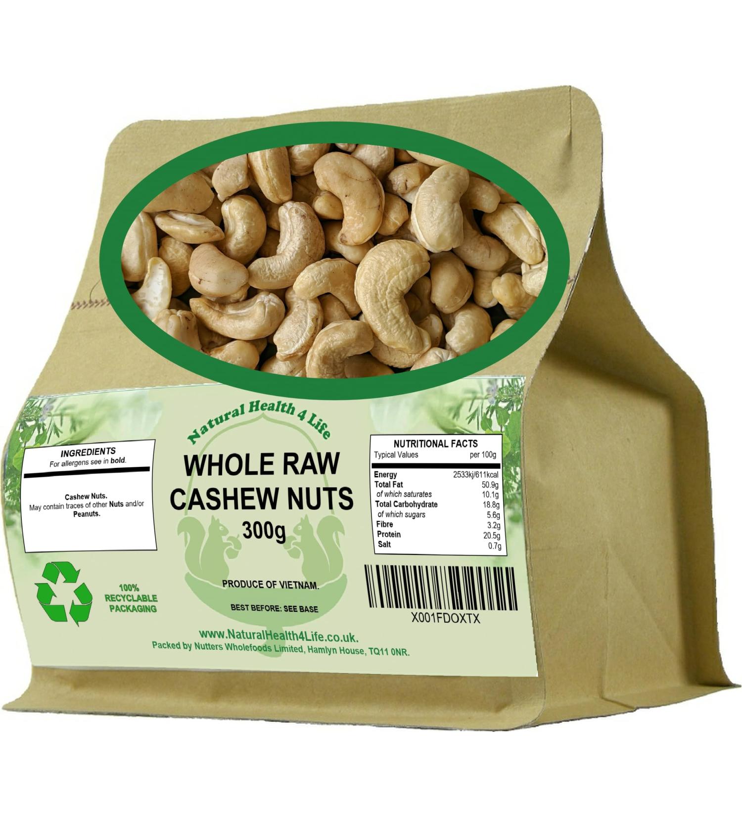 Natural Health 4 Life Raw Whole Nut Cashew Nuts (Cashews) 300 g in Recyclable Kraft Tub (1 Tub) 300g - Buy Online on GoSupps.com