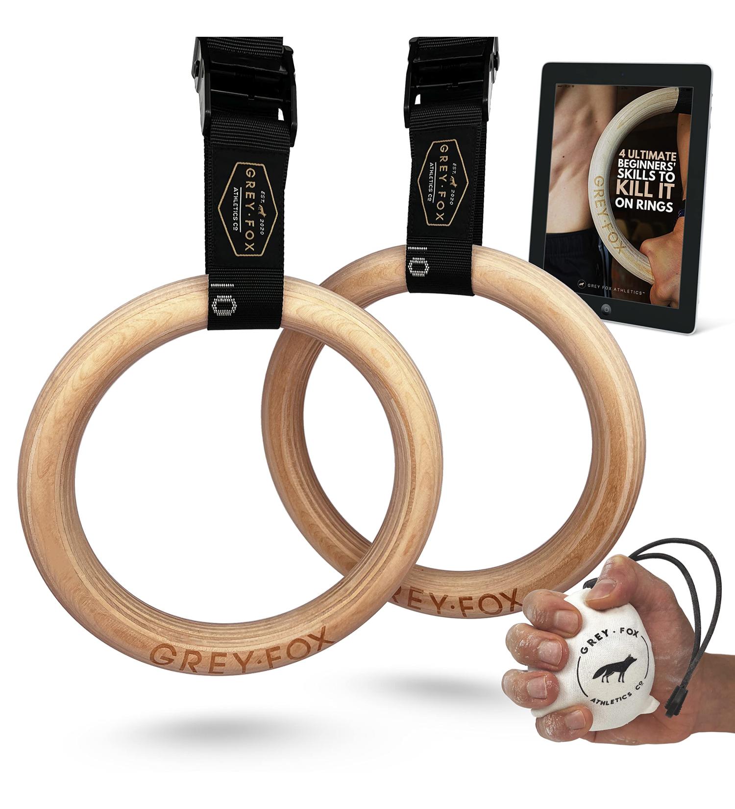 Grey Fox Premium Numbered 1.1 Wooden Gymnastic Rings with Adjustable Straps - Olympic Size, Chalk, Non-Slip Buckle | Full Body Suspension for Bodyweight Calisthenics - Home Gym Equipment for Fitness Enthusiasts - Buy Online on GoSupps.com