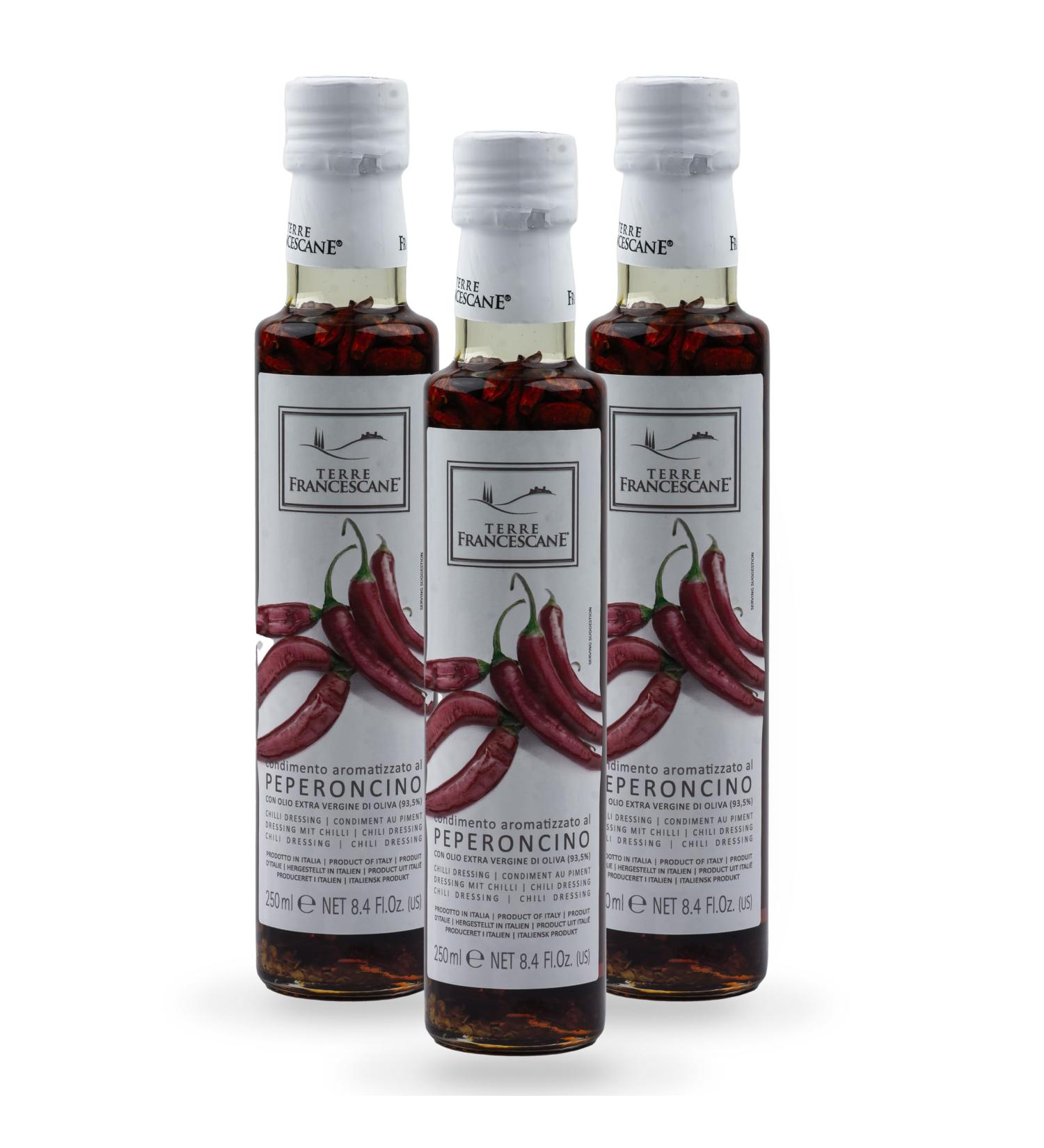Terre Francescane Extra Virgin Chilli Oil with Whole Chilli Pepper 3 x 250 ml - Buy Online on GoSupps.com
