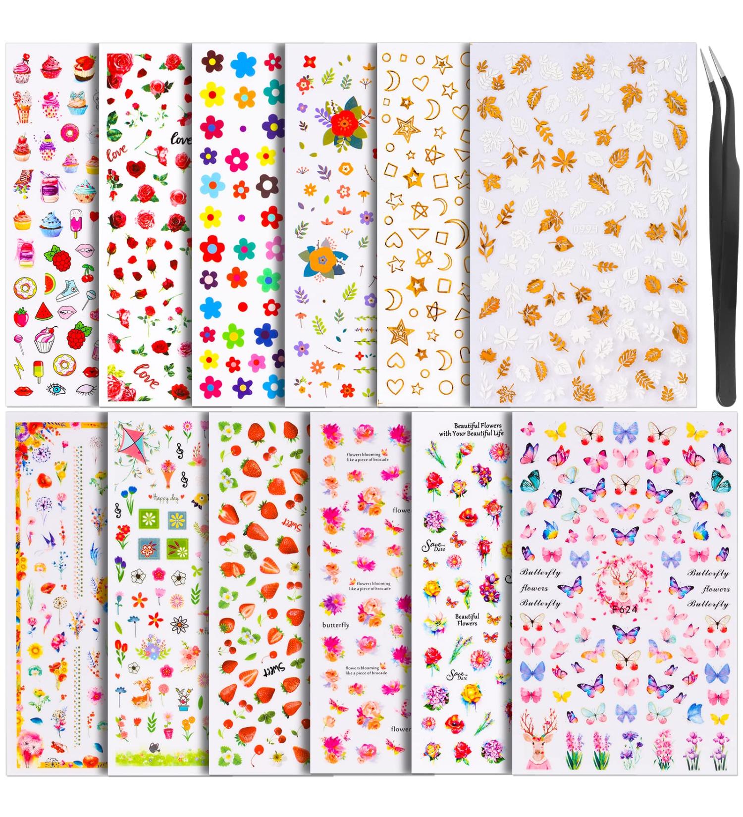 Teenitor Self-Adhesive Nail Art Stickers - 12 Sheets Flower, Butterfly, Stars, Fruits, Leaves Decals for Women, Kids - Nail Decoration Stickers - Buy Online on GoSupps.com