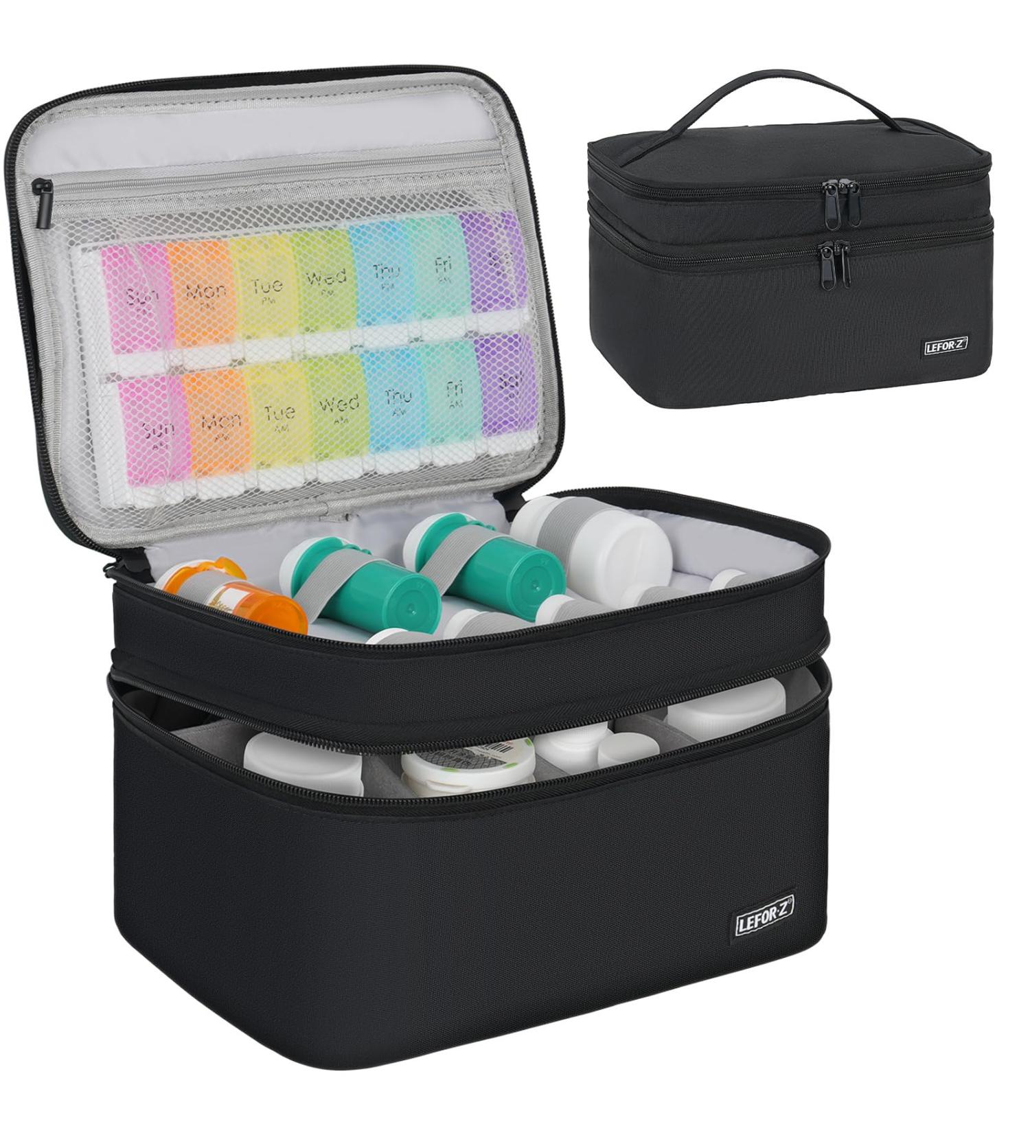 Medicine Storage Bag | Double Layer Pill Organizer with Lockable Zipper | Adjustable Divider for Pills & Medical Supplies - Travel Carrying Bag in Black - Buy Online on GoSupps.com