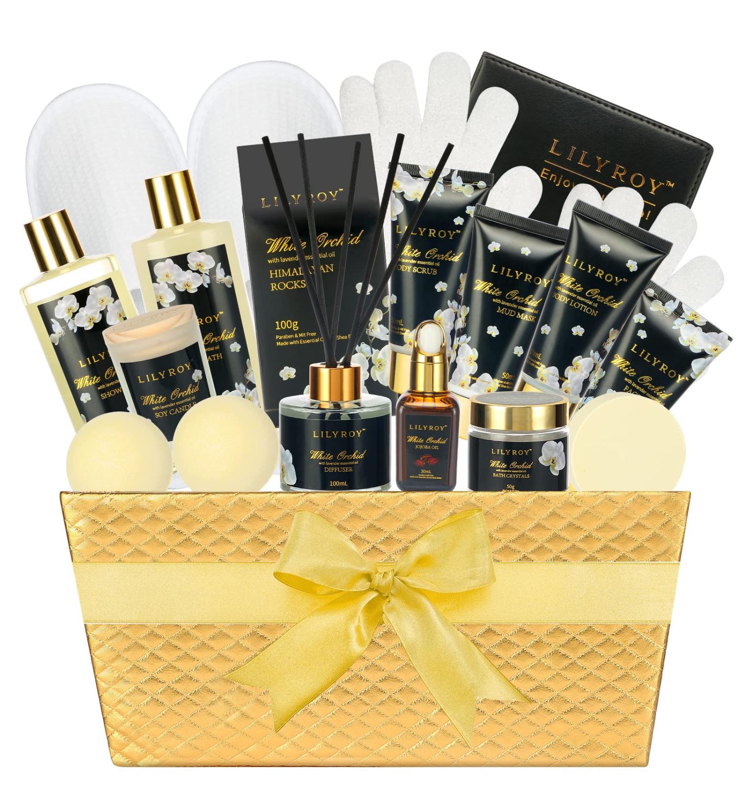 White Orchid Spa Gift Basket for Women - 18Pcs Birthday Gift Set with Diffuser, Shower Steamer, Himalayan Rocks, Jojoba Oil, Scented Candle & Golden Basket - Ideal Gifts for Her - Buy Online on GoSupps.com