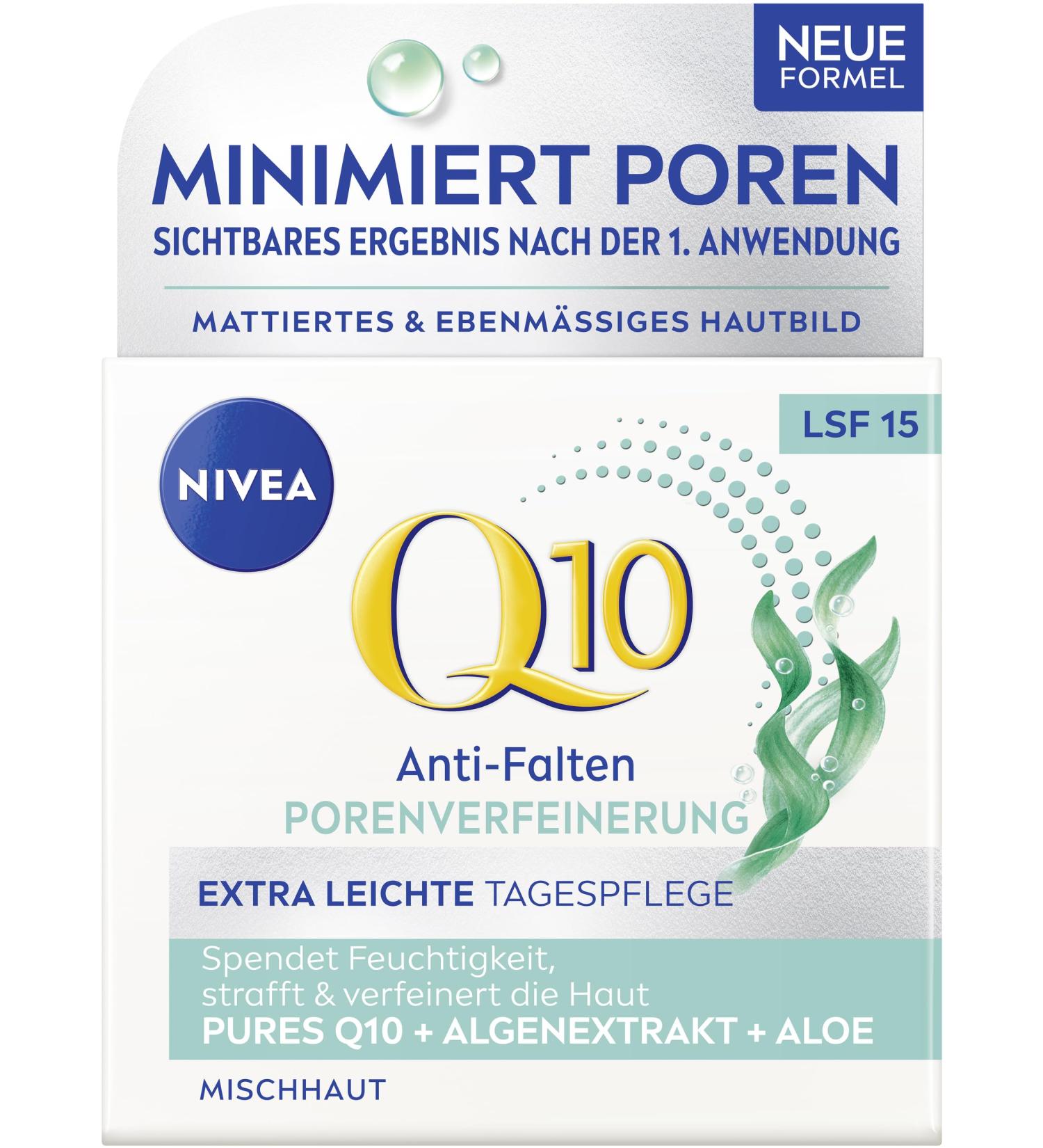 Beiersdorf AG NIVEA Q10 Antiwrinkle pore refinement extra light day care firming day cream with SPF 15 facial care for combination skin with Q10 algae extract and aloe 50 ml