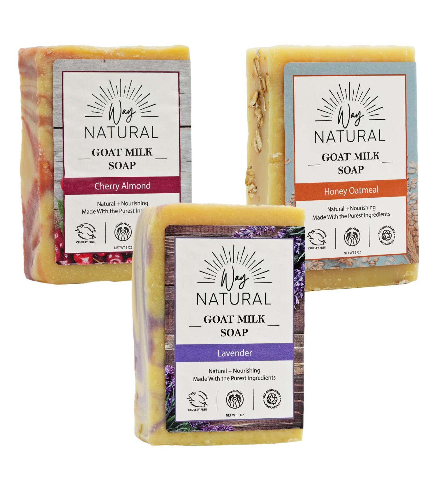 Way Natural Goat Milk Soap Variety Pack - Lavender Cherry Almond Honey Oatmeal - 3 Premium Bars, Made in USA, Individually Wrapped, Handmade Natural Bar Soap for Women Men - Cruelty Free - Buy Online on GoSupps.com