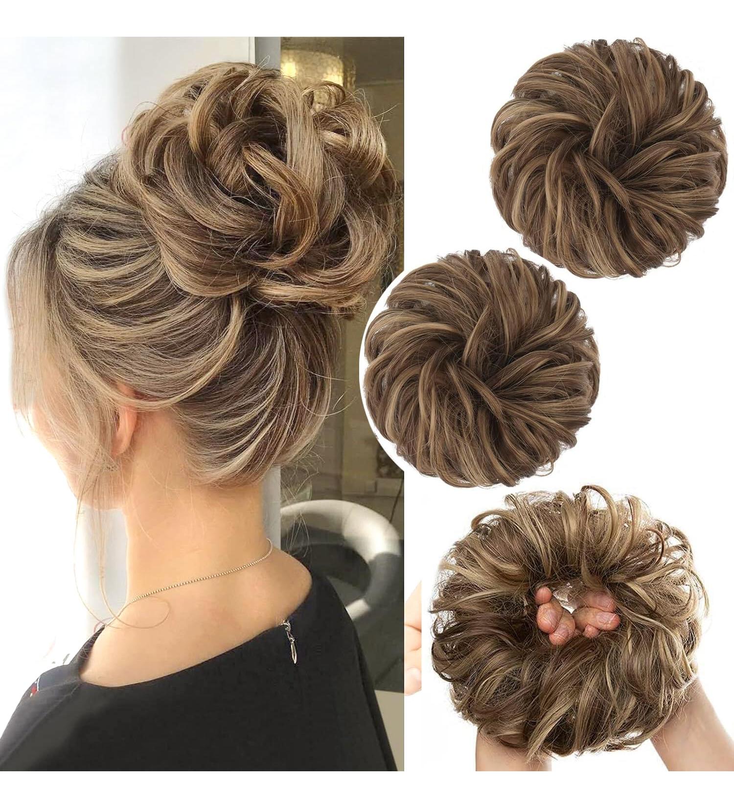 PORSMEER Curly Wavy Hair Buns Extensions 2 Pieces for Women Girls - Large Synthetic Updo Scrunchies in Gold Blonde/Ash Brown 12H24 - Buy Online on GoSupps.com