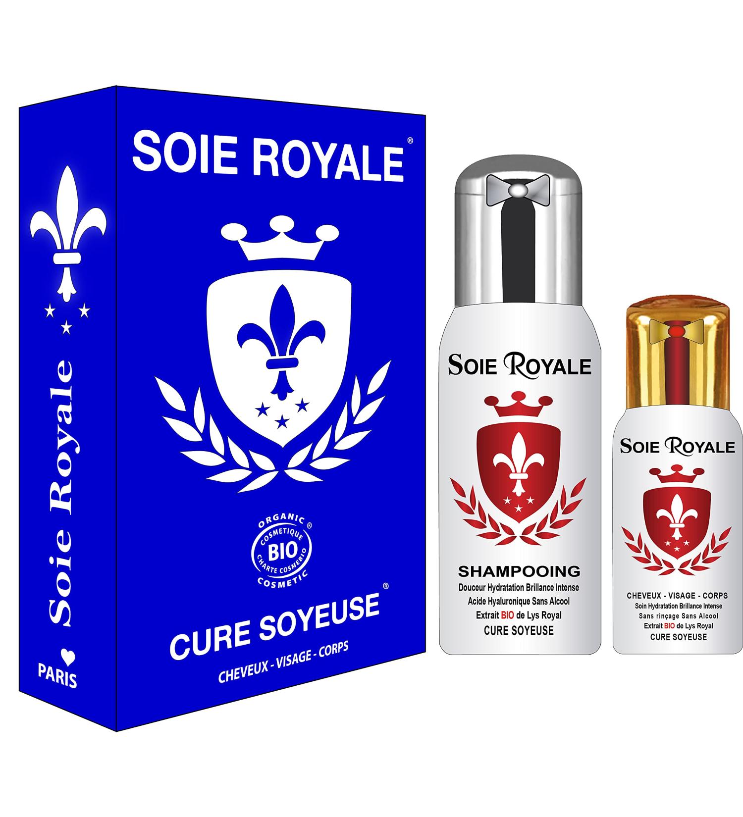 Royal Silk Box Organic Silky Treatment Serum 66 ml Hydrating treatment Intense Shine Fleur de Lys ORGANIC Shampoo 125 ml ORGANIC Regenerating Rejuvenating Hair Face Body Coconut Hyaluronic Acid Organic Plants Vitamins E F Alcohol-free Ecocert certified Co - Buy Online on GoSupps.com