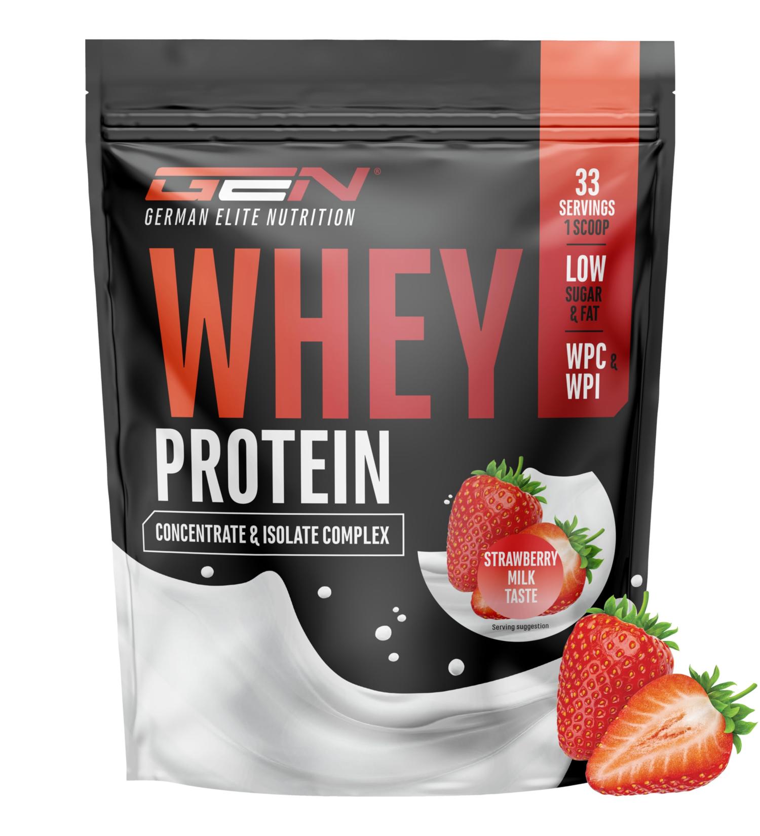  GEN GERMAN ELITE NUTRITION Whey Protein Complex - 1000g (Strawberry Milk) - With portion of isolate - Instant protein with BCAAs & EAAs - German Elite Nutrition - Buy Online on GoSupps.com