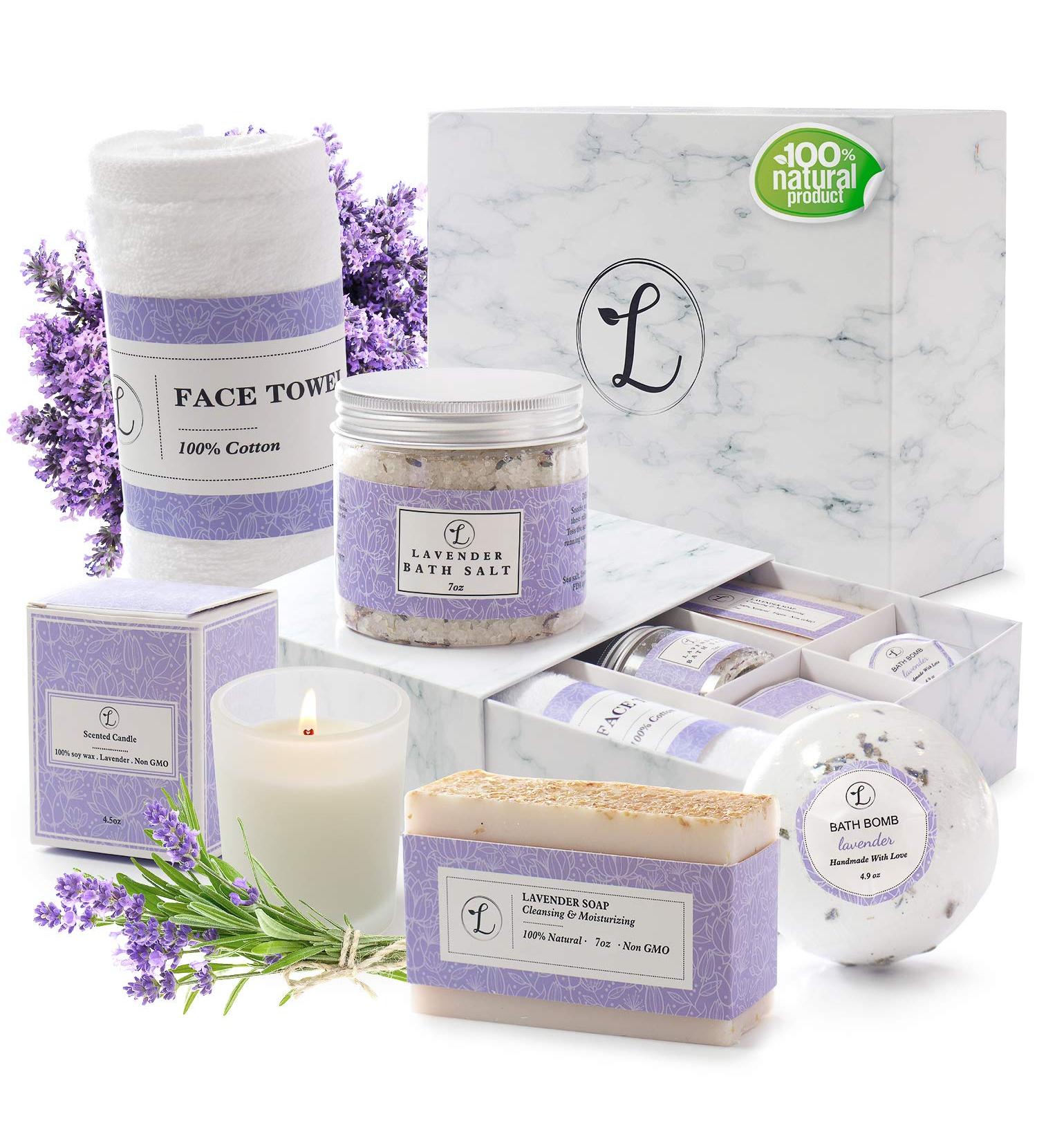 Spa Gift Set - Natural Lavender Bath Bomb Bath Salt Hand Soap Scented Candle & Face Cloth - Perfect Gift for Her - Buy Online on GoSupps.com
