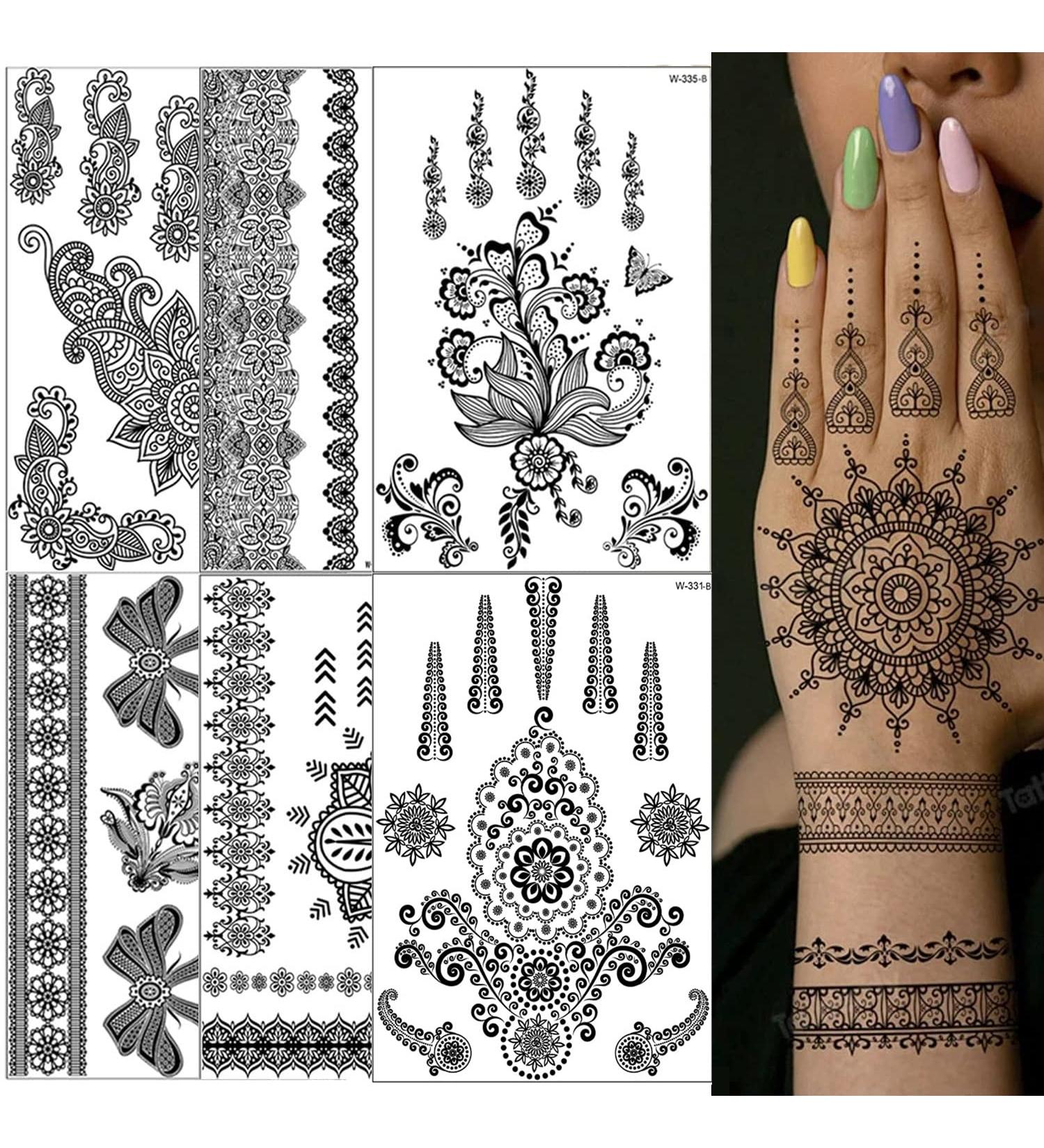 6 Sheets Black Henna Temporary Tattoo Stickers - Waterproof Sexy Fake Tattoos for Women - DIY Body Art Decoration in Black - Buy Online on GoSupps.com