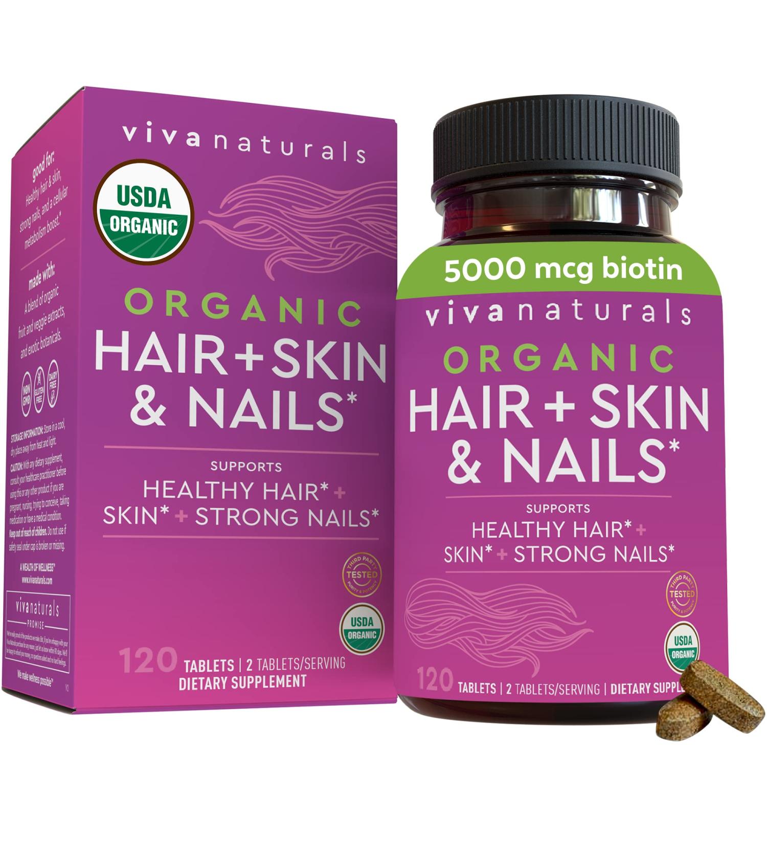 Viva Naturals Organic Hair Skin Nails Vitamins - Biotin 120 Tablets for Women - Buy Online on GoSupps.com