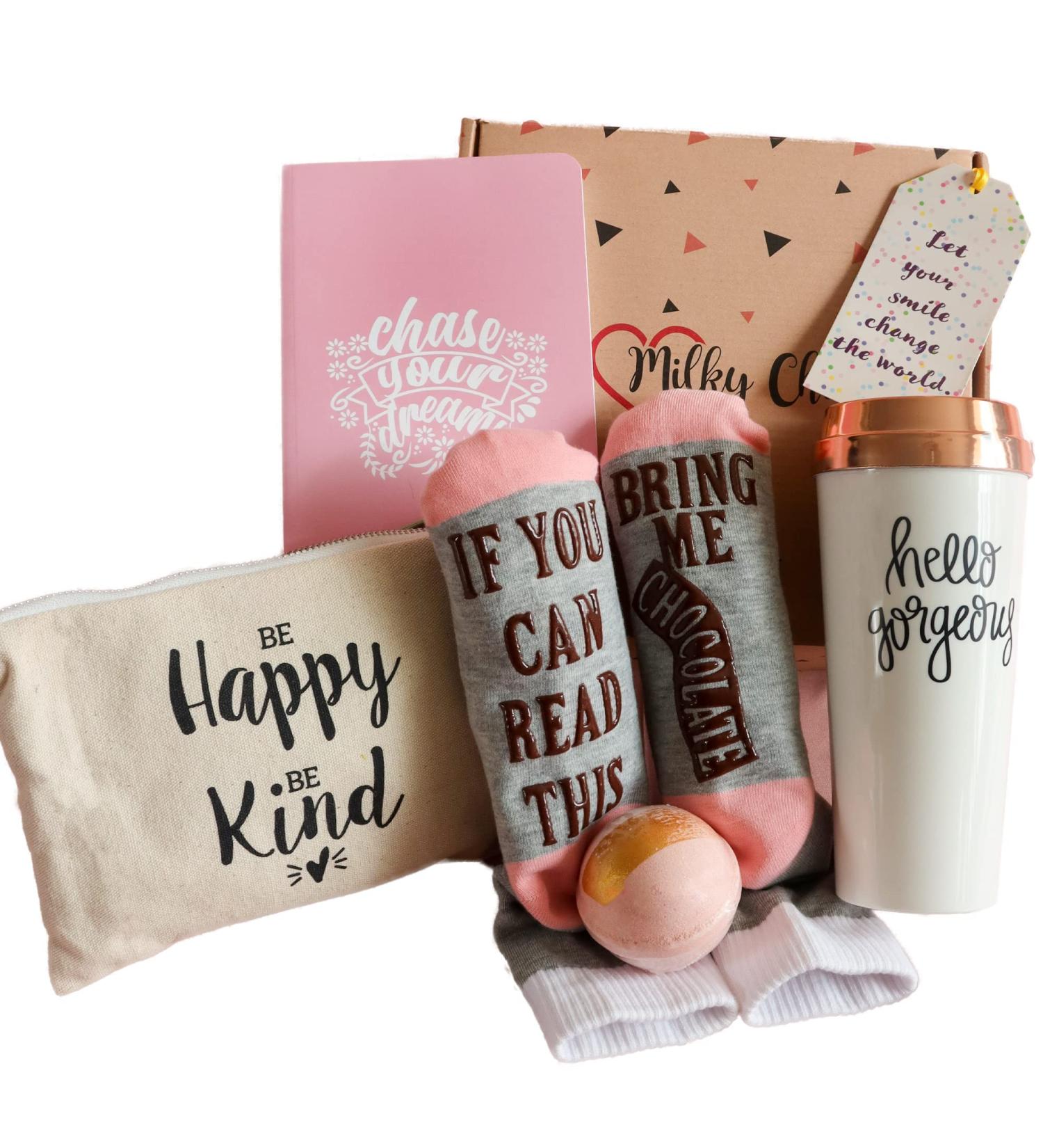 Milky Chic Motivational Gift Set | Best Friend Valentine s Gift & Encouraging Appreciation Box for Her | Travel Mug Socks Journal Bath Bomb Perfect Graduation Gift in Pink - Buy Online on GoSupps.com