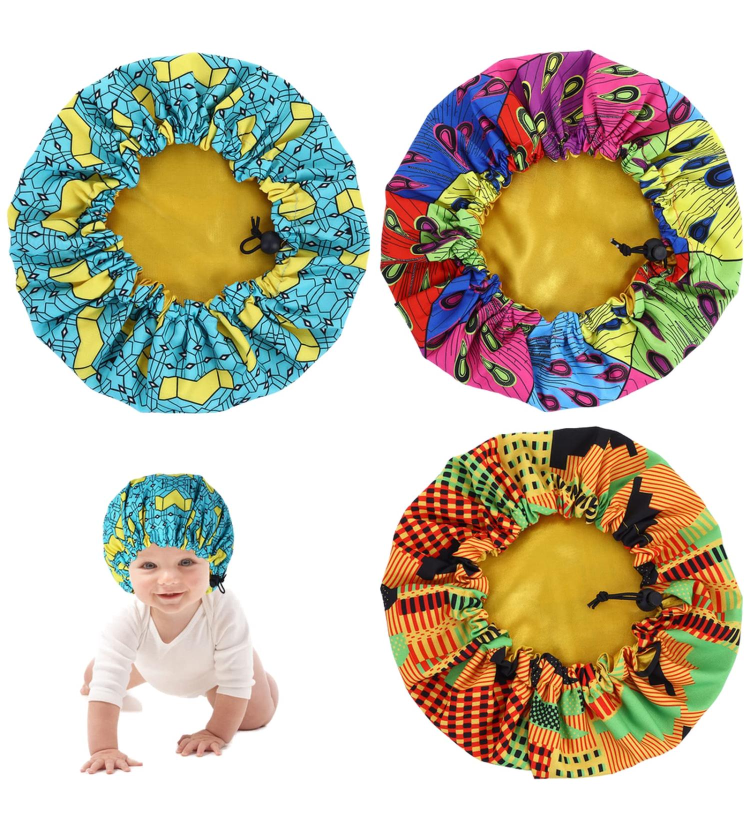 Prasacco 3 Pieces Kids Satin Bonnet Baby Bonnet Sleeping Cap Soft Silk Night Hats Colorful Satin Cap for Baby Girls Boys Natural Hair Teens Toddler Child Baby (Color blocked)