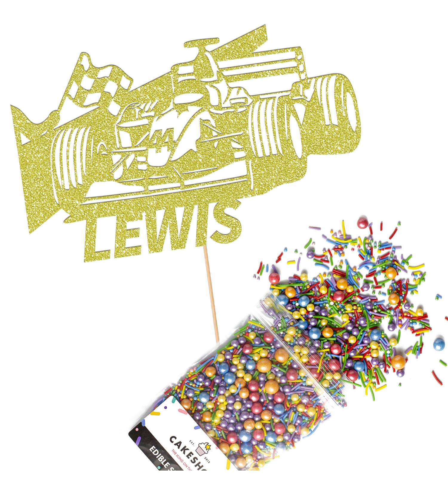 Cakeshop Cake Decoration Pack | F1 Formula 1 Racing Car Premium Double Sided Glitter Card Cake Topper & 25g Party Pack of Cake Sugar Sprinkles | Custom Name Cake Decorations (Champagne) Non-Prime Glitter Card: Champagne - Buy Online on GoSupps.com