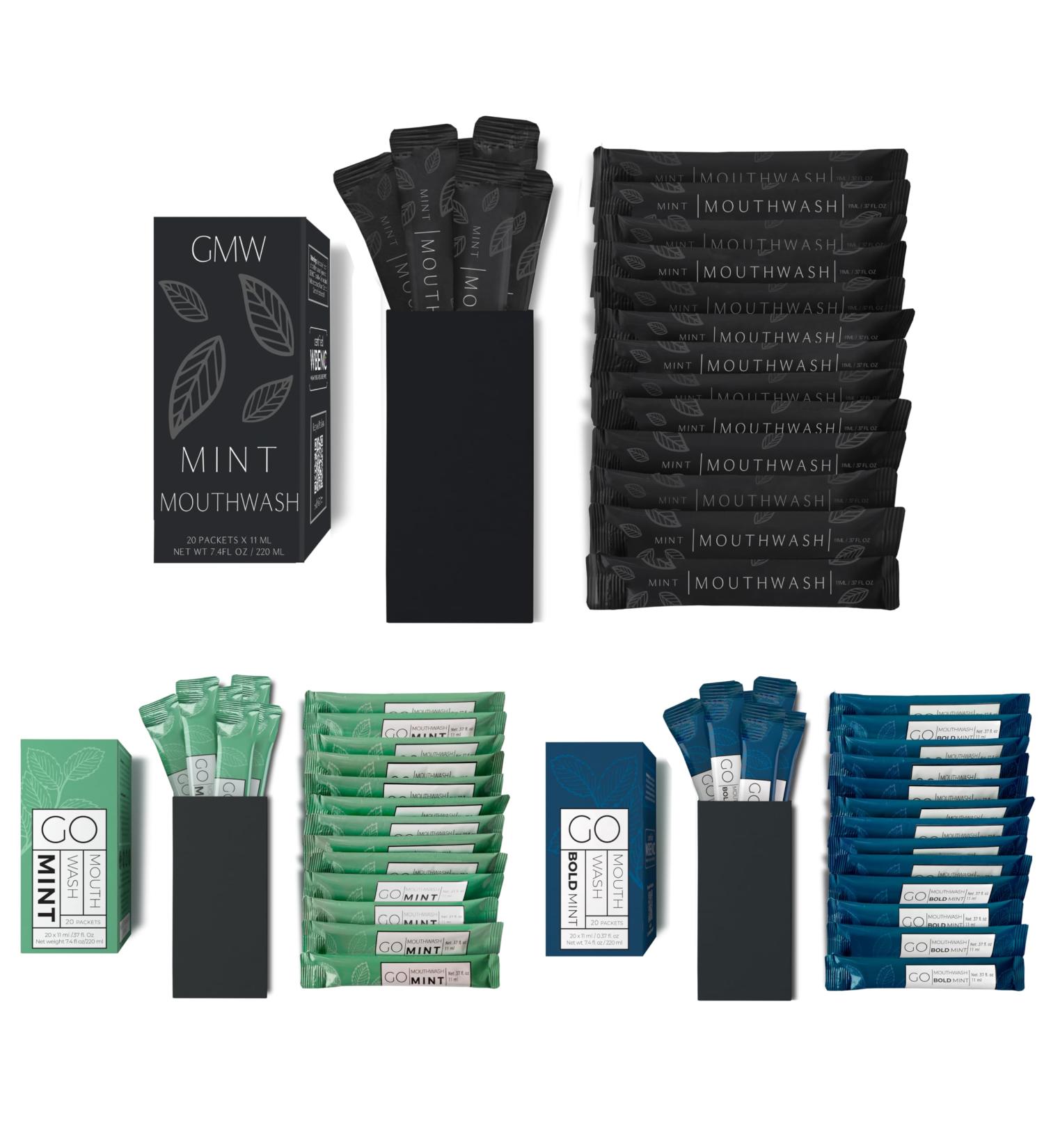20 Bold Mint 20 Smooth Mint and 20 Matte Black Mouthwash Packets