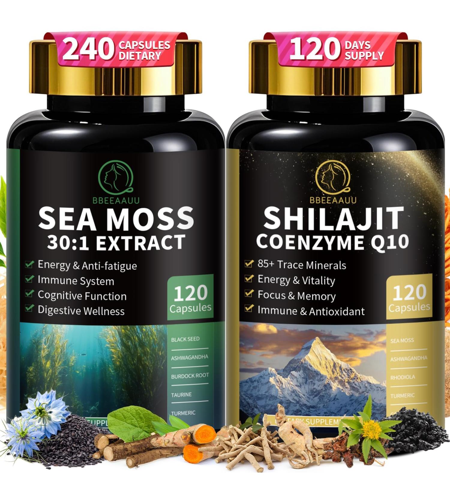 Shilajit for Men Sea Moss and Shilajit Bundle All in 1 Supplements with Coenzyme Q10 Black Seed Ashwagandha Taurine Burdock for Energy Endurance Antioxidant & Immune Support 240 Capsules 120 Count (Pack of 2) - Buy Online on GoSupps.com