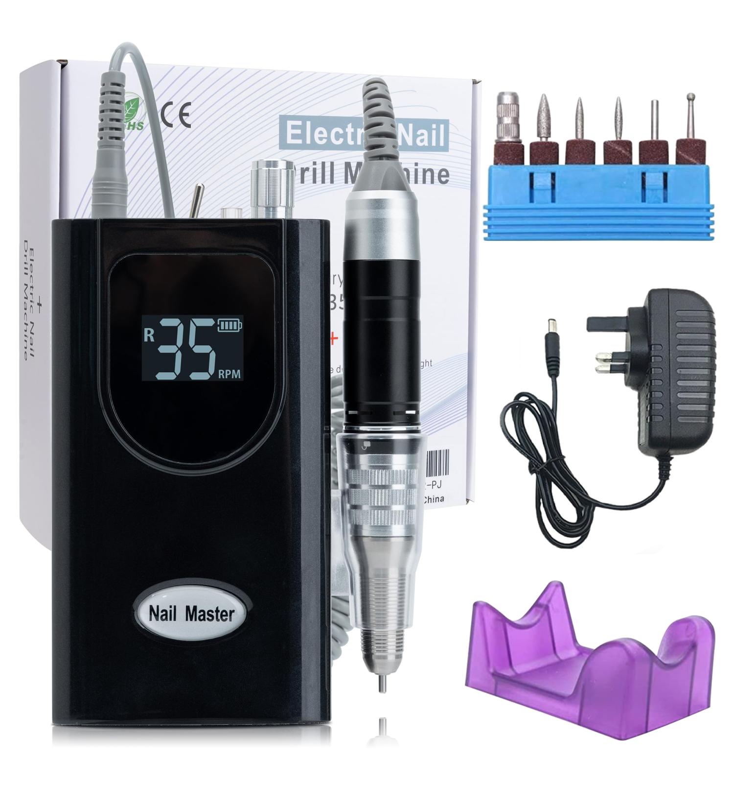 Delanie 35000 RPM Electric Nail Drill: Rechargeable Portable E File Kit for Acrylic and Gel Nails | 6 Drill Bits | UK Plug (Black) - Buy Online on GoSupps.com