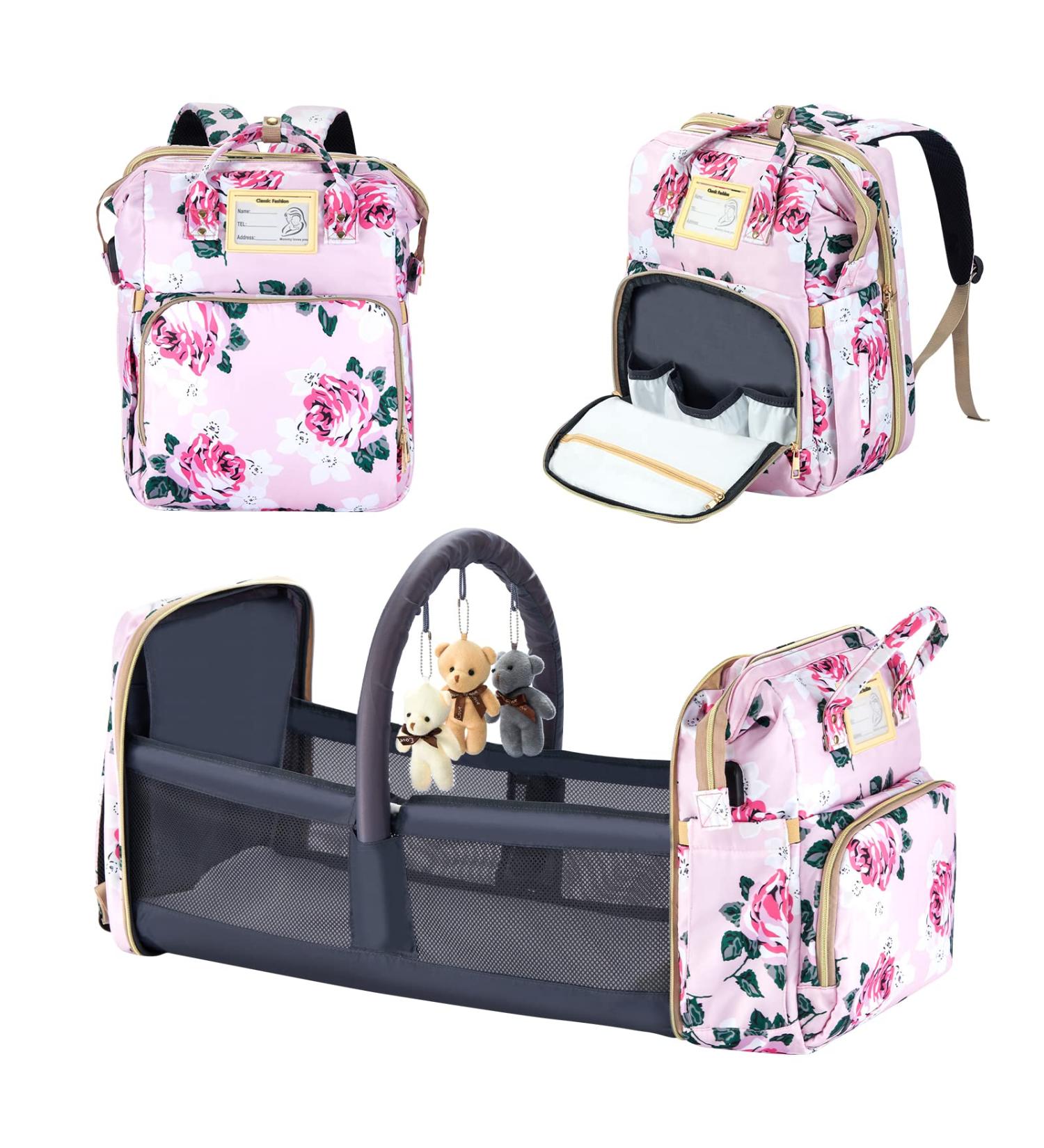 Motababy Floral Diaper Bag Backpack with Changing Station  Detachable Foldable Baby Bed for Bady Toddler  3 in 1 Large Capacity Newborn Essentials Organizer with Stroller Hook for Girls and Boys(Pink) - Buy Online on GoSupps.com