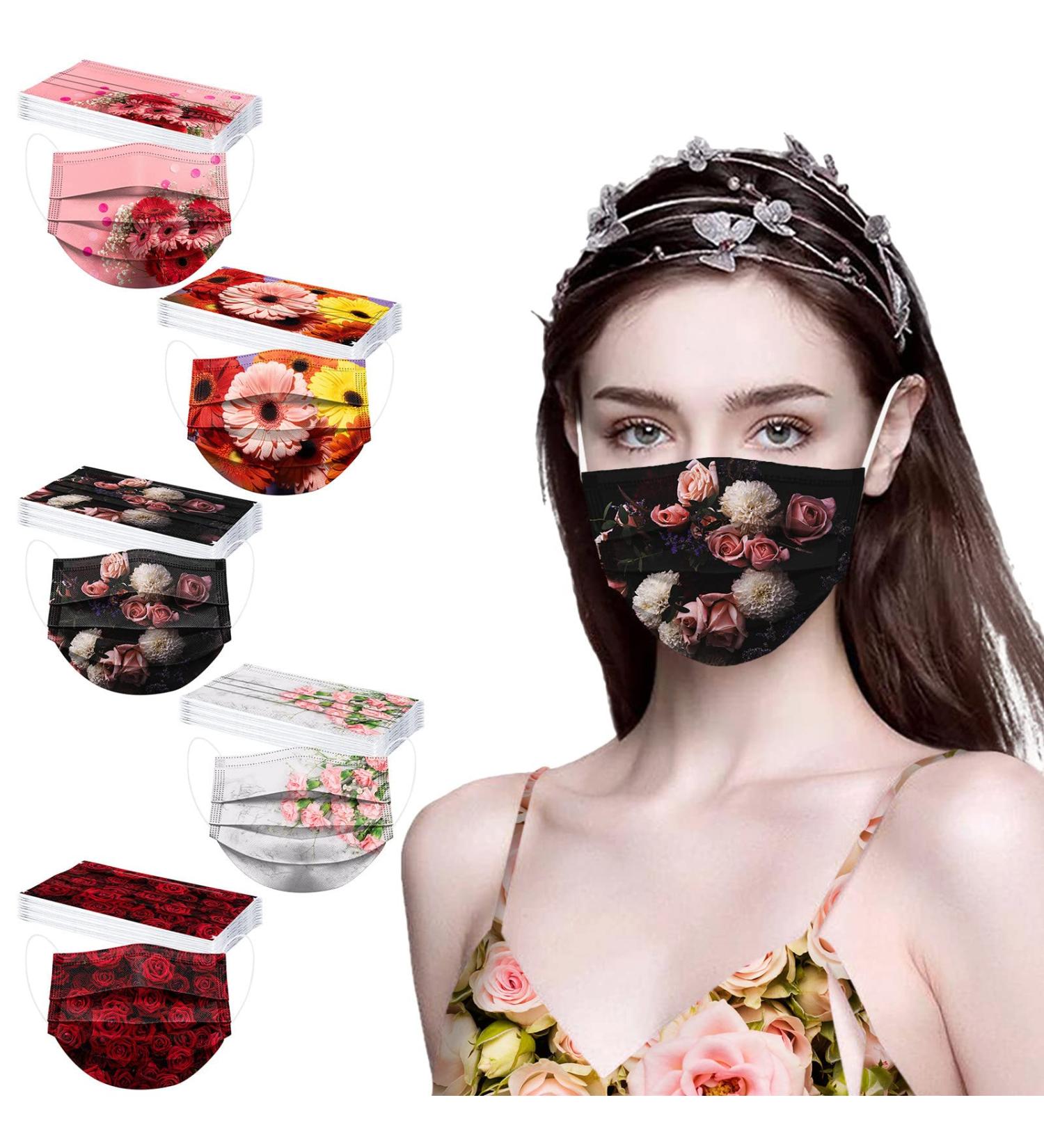 50Pcs Disposable Floral Face_Masks with Designs 3-Ply Breathable Flower Adult Face_Mask with Nose Wire Facemasks for Women (Floral-L) - Buy Online on GoSupps.com