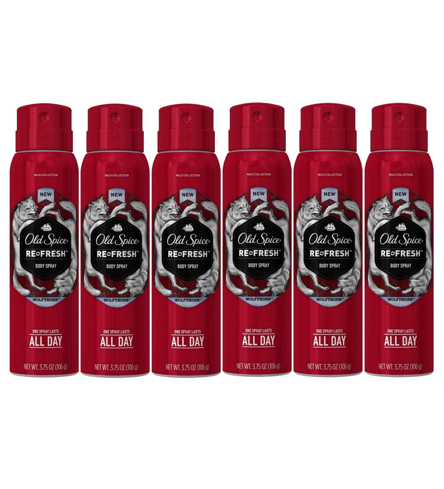 Old Spice Wild Collection Re-Fresh Deodorant Body Spray Wolfthorn 3.75 oz (Pack of 6)