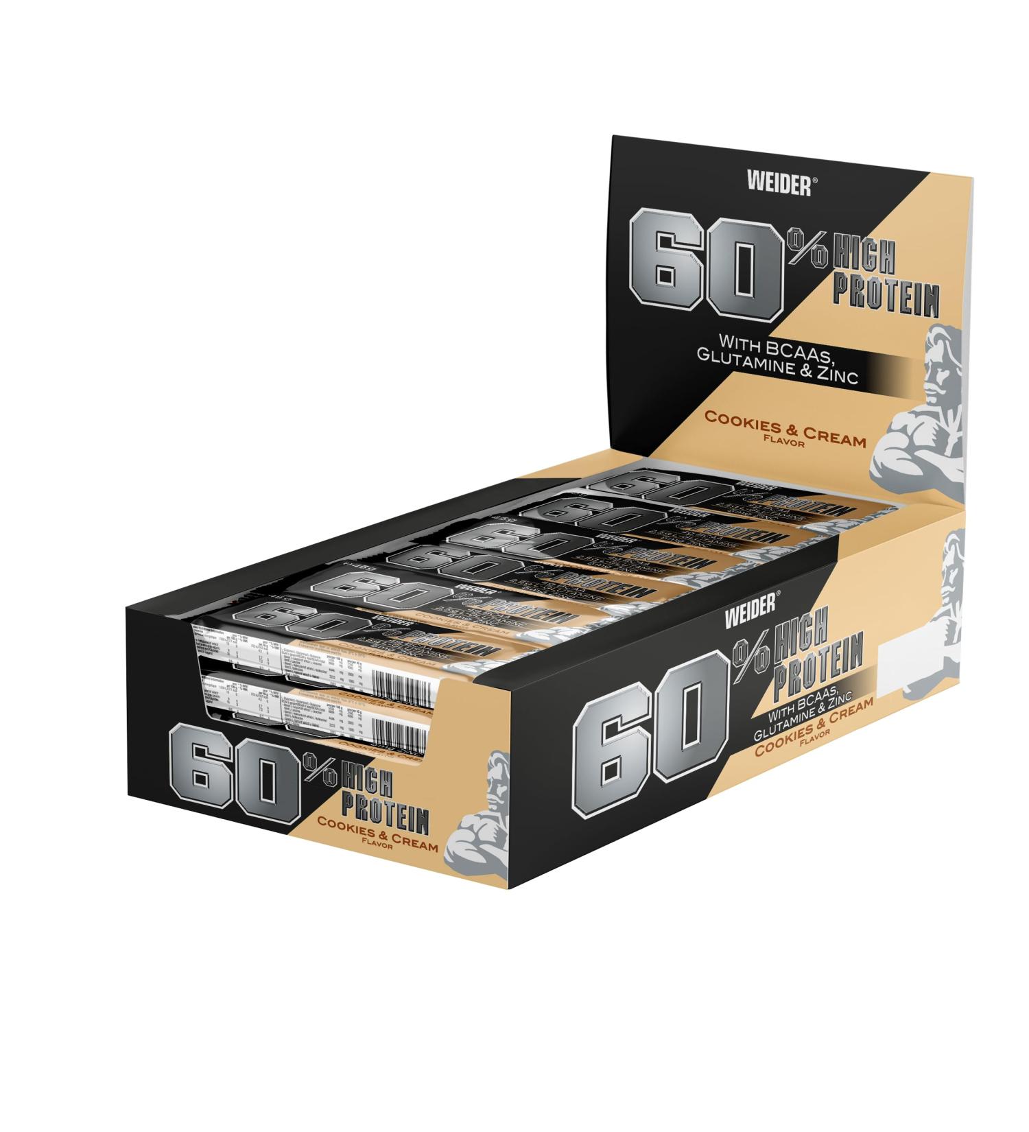 Buy Weider 60% Protein Bar - Highest Protein Content | 24 Cookies & Cream Bars with Glutamine & BCAA for Muscle Building | International Shipping - Buy Online on GoSupps.com