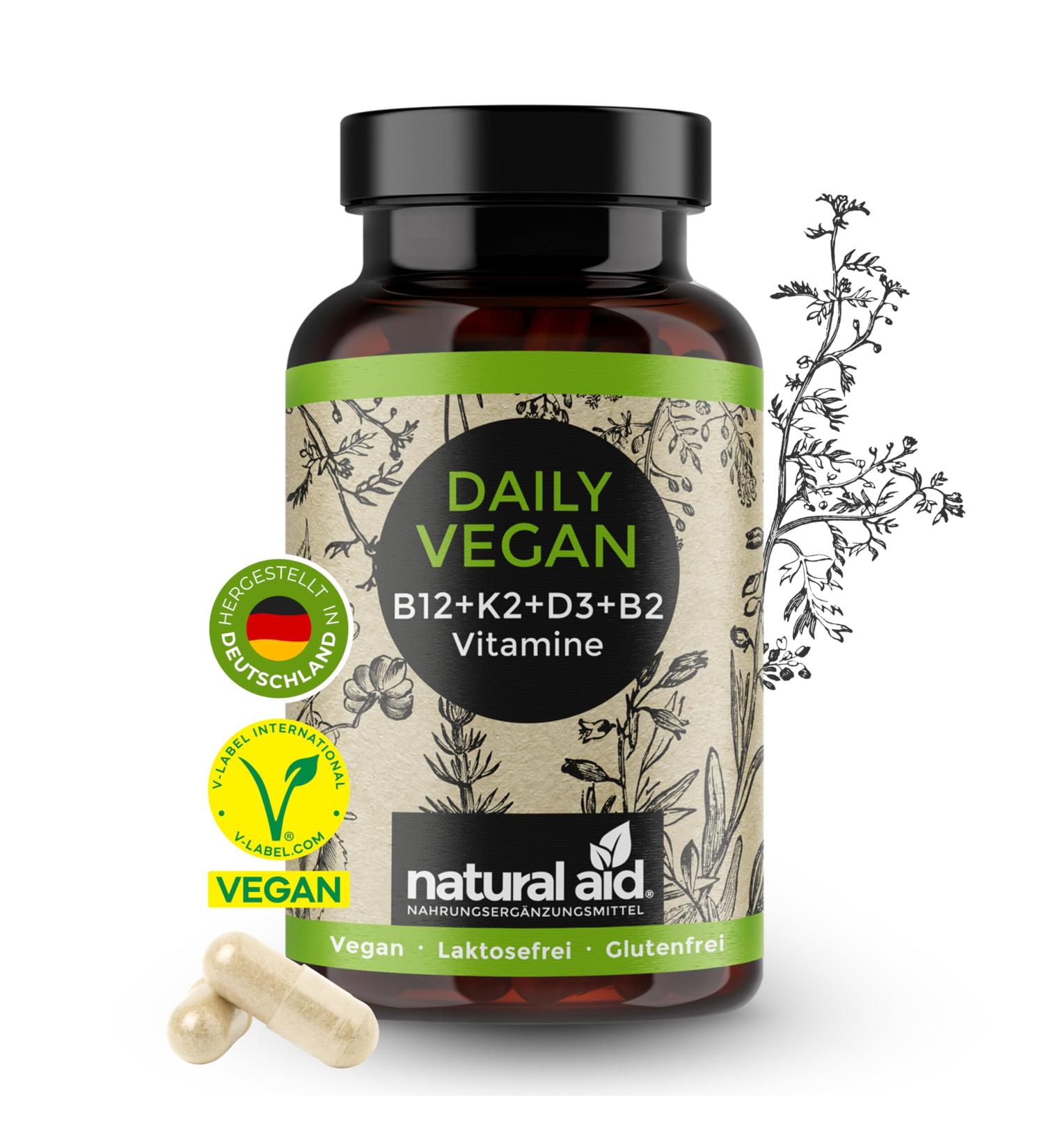 Natural Aid Daily Vegan Vitamin B Complex - 100% Vegan 120 Capsules with B12 D K2 & B2 | Laboratory Tested - Buy Online on GoSupps.com
