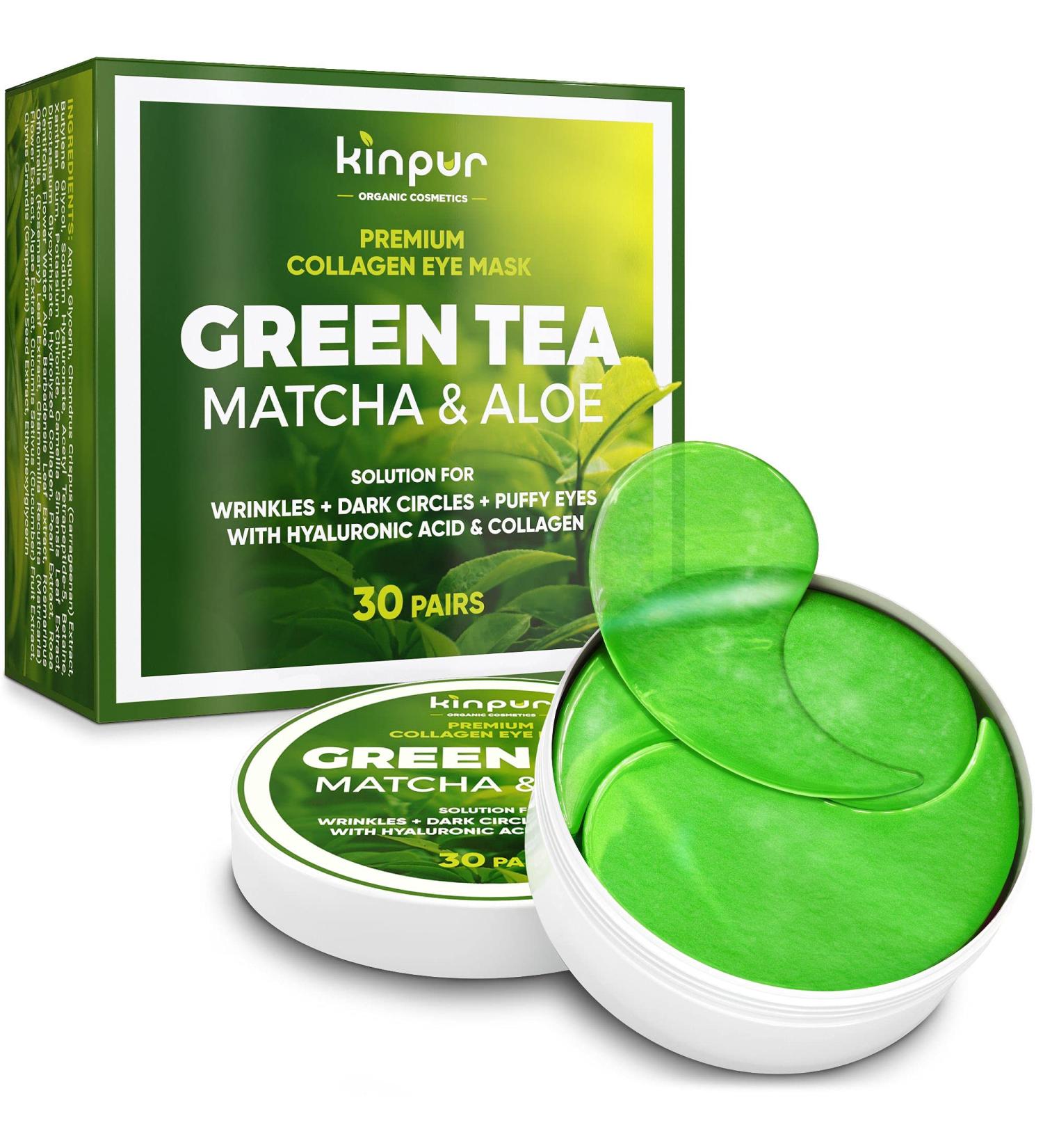Kinpur Organic Green Tea Under Eye Patches - 30 Pairs for Wrinkles, Eye Bags, Dark Circles & Puffiness - Infused with Collagen & Hyaluronic Acid - Suitable for All Skin Types - Buy Online on GoSupps.com