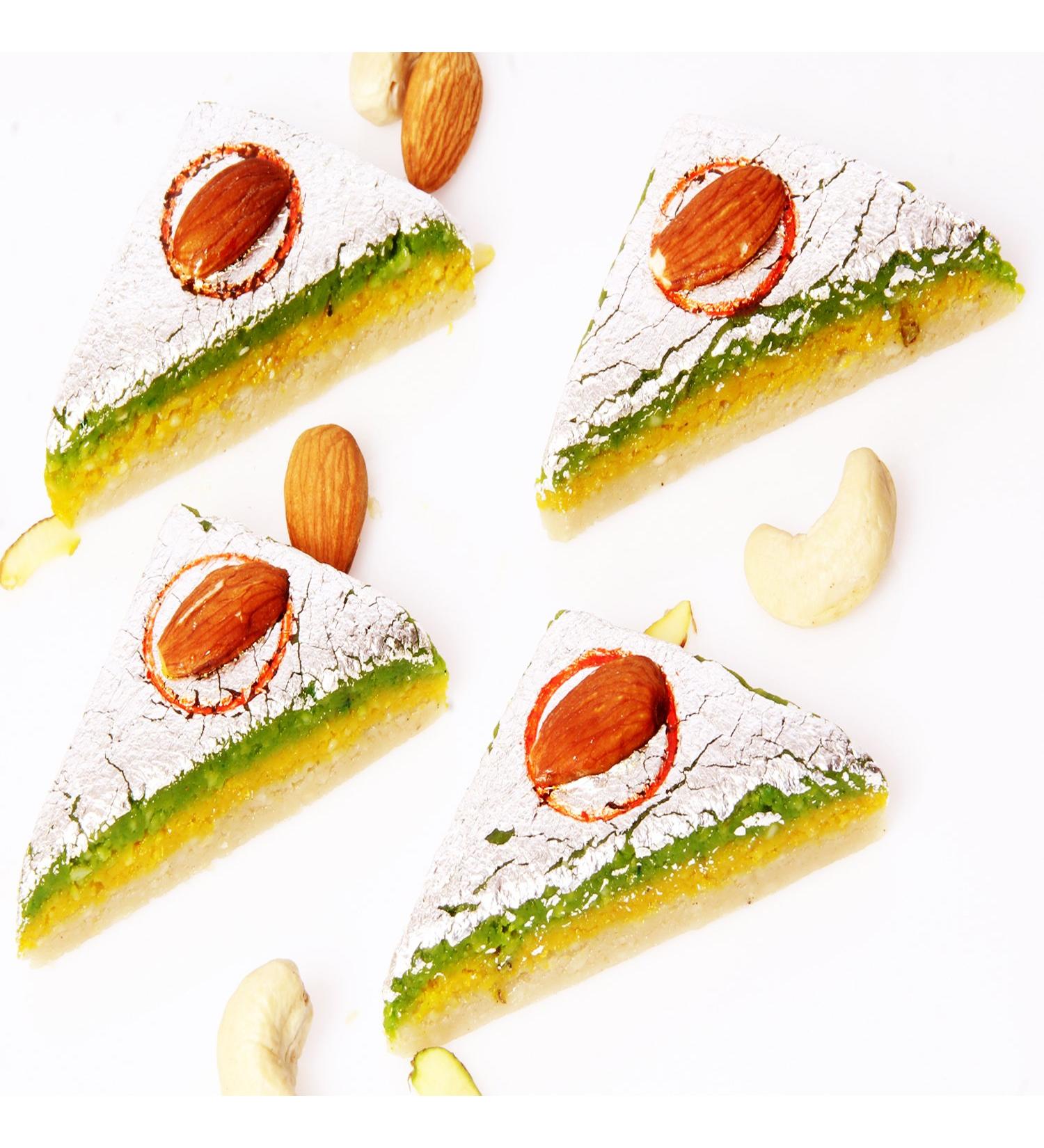 Ghasitaram Gifts Indian Sweets - Sugar Free Kaju Kesar Pista Triangles(200 Gms) (200gms) - Buy Online on GoSupps.com