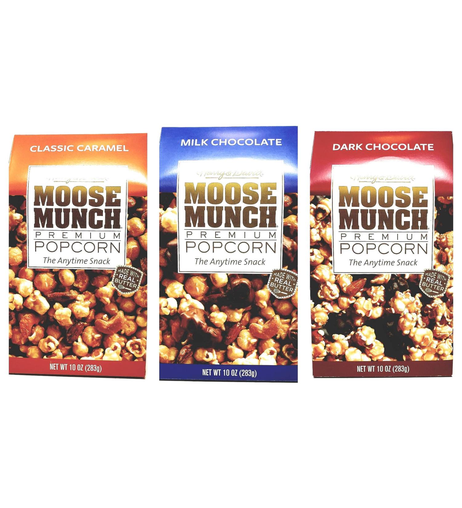 Harry & David Moose Munch Premium Popcorn Holiday Bundle 3 Pack - Milk Chocolate, Dark Chocolate, Classic Caramel - Buy Online on GoSupps.com