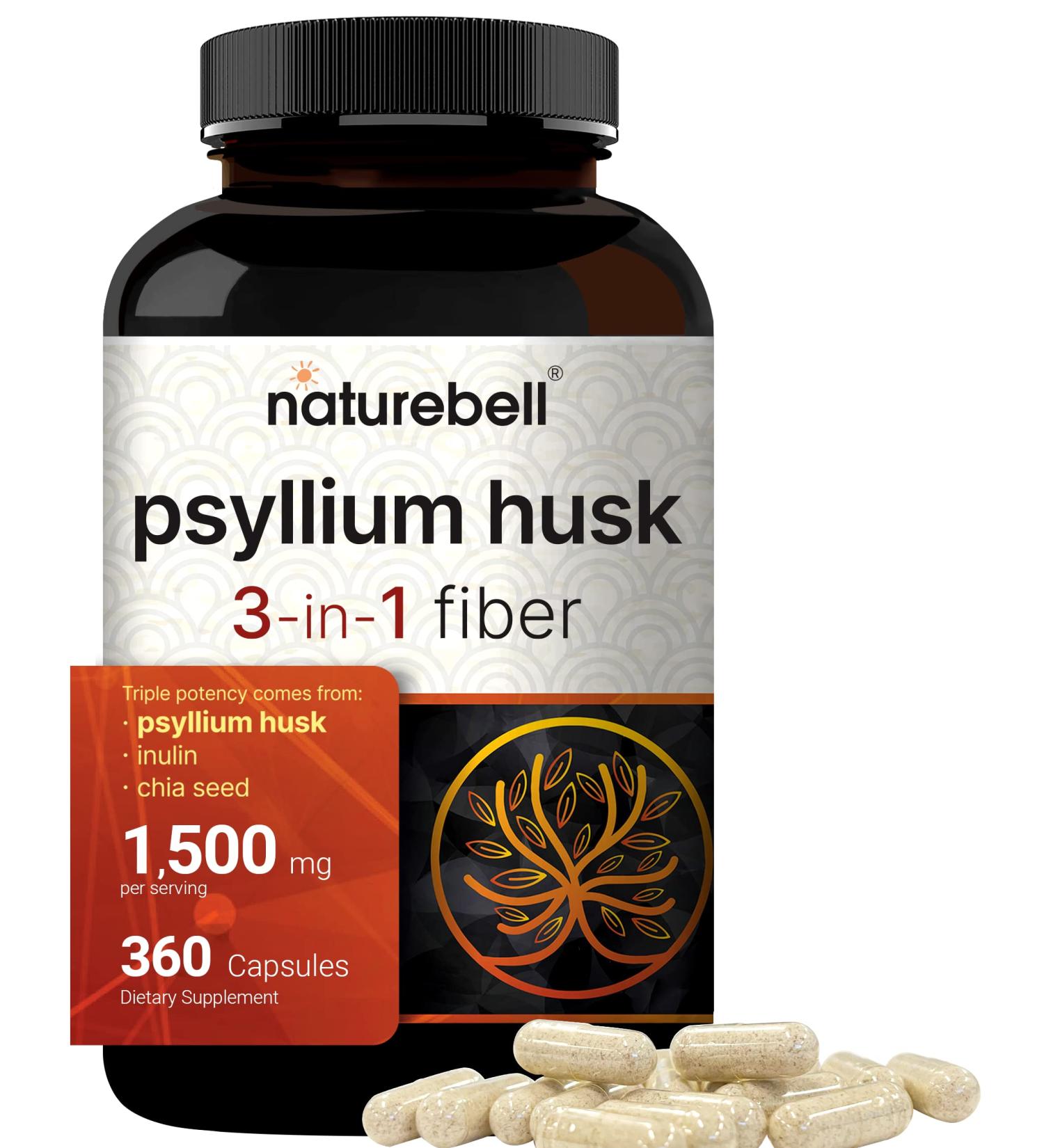 NatureBell Psyllium Husk Capsules 1500mg | 360 Count, 3-in-1 Fiber with Inulin & Chia Seed | Gut Health Support, Plant Based Herbal Supplement | Non-GMO & Gluten Free - Buy Online on GoSupps.com
