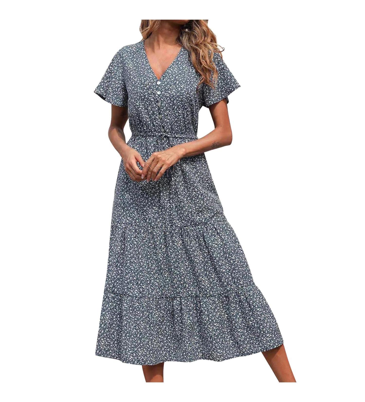 BOXIACEY Spring Dress for Women - V Neck Short Sleeve Maxi Dress with Belted Ruffle Hem | Small Dark Blue - Buy Online on GoSupps.com