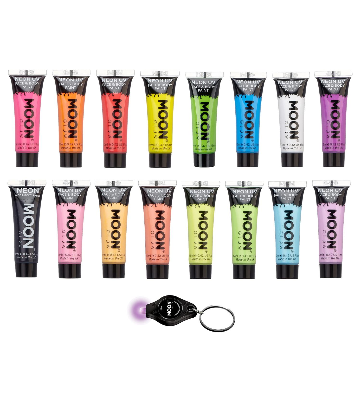 Moon Glow Neon UV Face and Body Paint Set - 16 Colors + UV Keychain (12ml) for Vibrant International Shipping - Buy Online on GoSupps.com