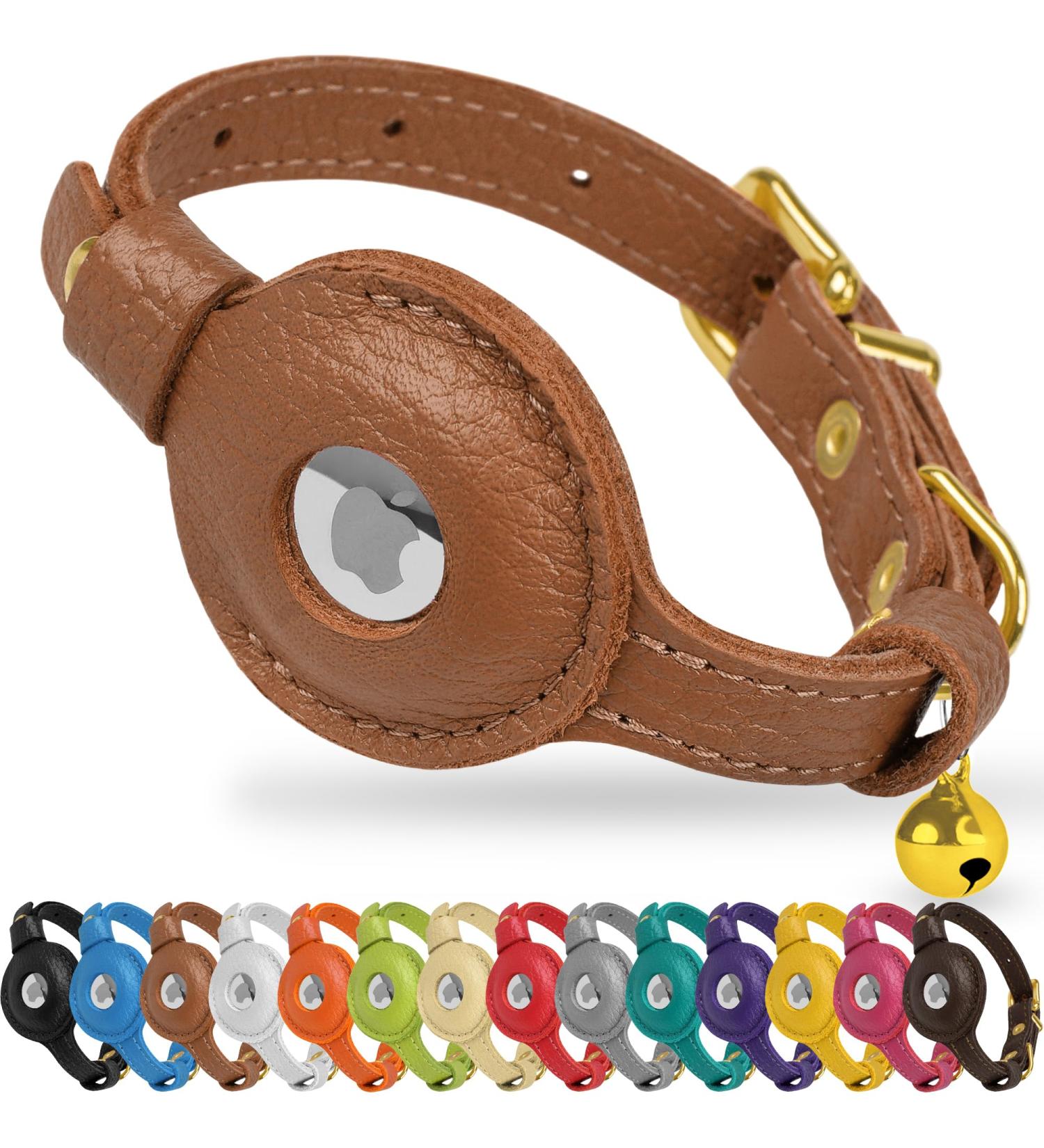 Oopsdoggy Leather Airtag Cat Collar with Bells - Durable Light GPS Collar for Cats & Small Dogs - Apple Airtag Holder - Perfect for Puppies (Light Brown) - Buy Online on GoSupps.com