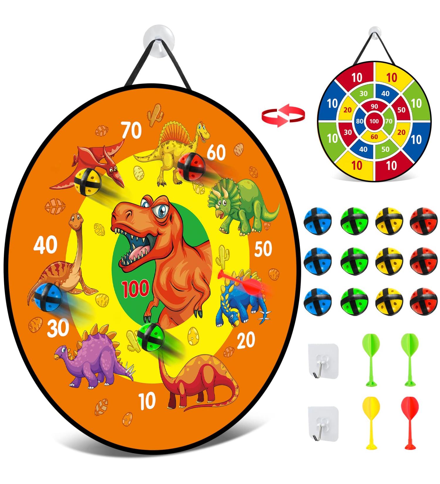 Kizmyee 26'' Dinosaur Themed Dart Board Set for Kids - Double Sided with Sticky Balls and Darts - Indoor/Outdoor Party Games Toy for 3-12 Years Old - Buy Online on GoSupps.com