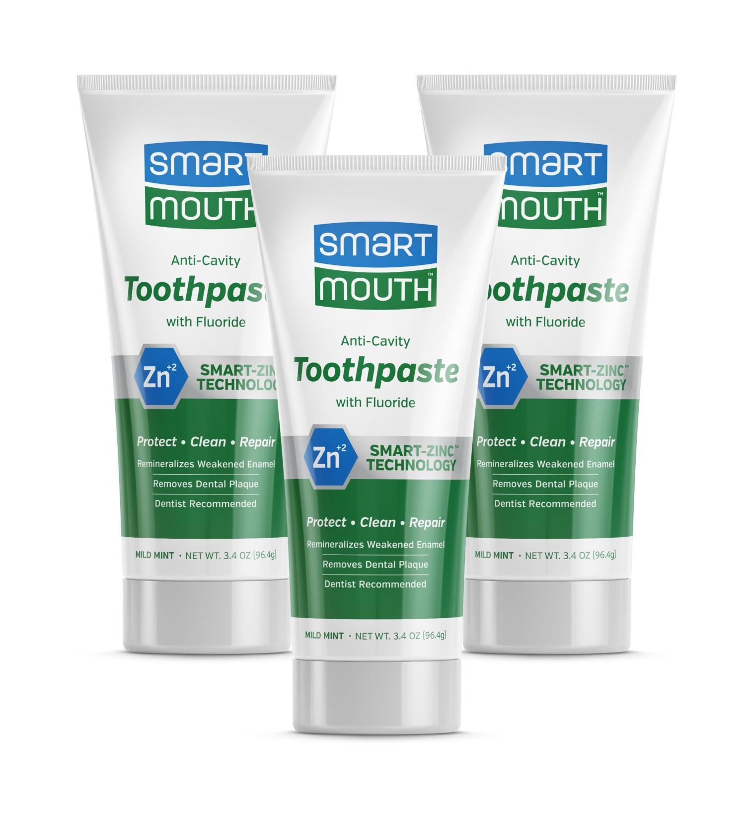 SmartMouth Premium Zinc Ion Toothpaste - Mild Mint 3 Pack | Cavity Enamel & Plaque Protection | 3.4 oz Each - Buy Online on GoSupps.com