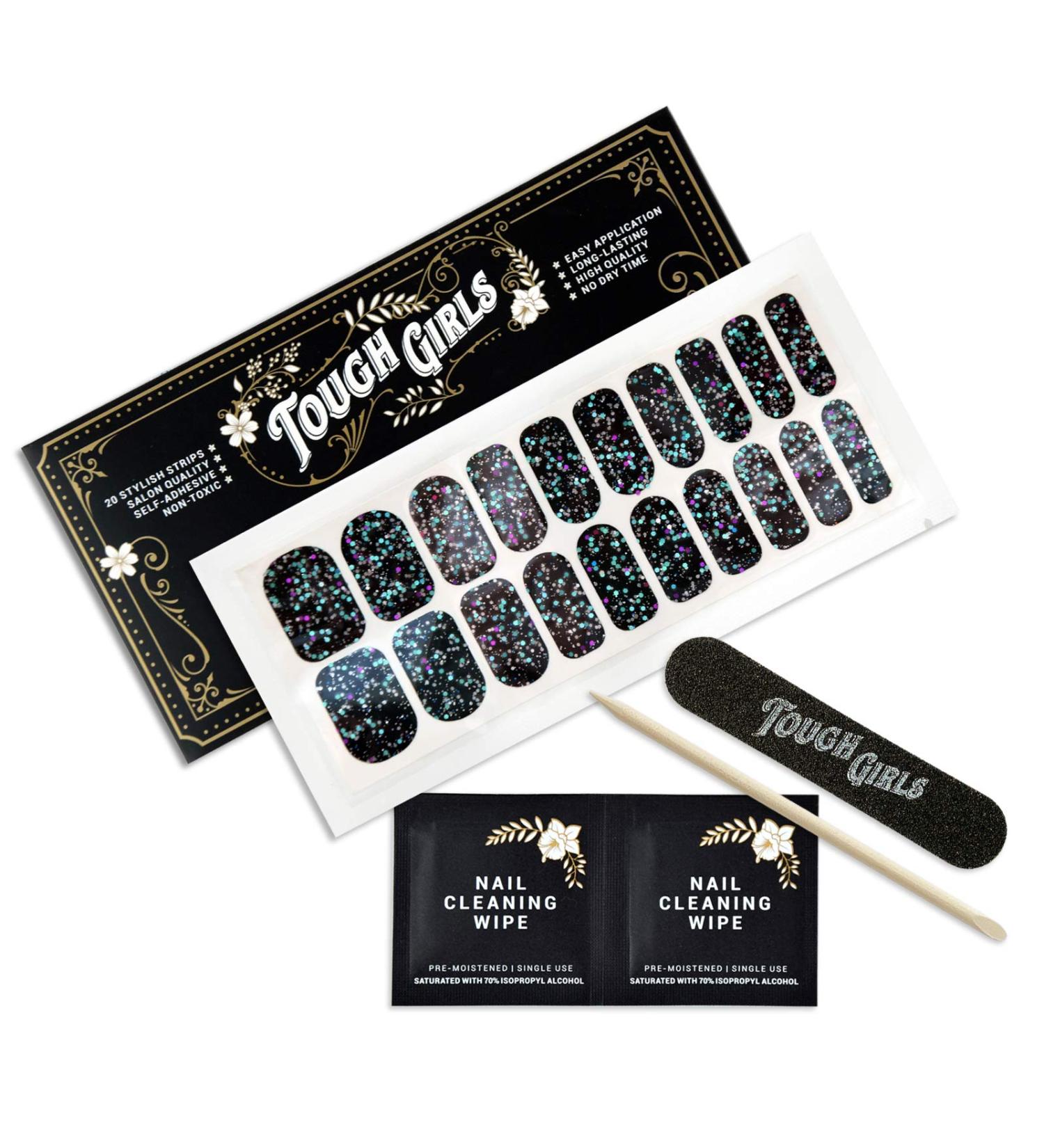 TOUGH GIRLS Nail Polish Strips | 20 Stylish Brighter Thicker Strips | Includes Cuticle Stick, Nail File & Wipes | Black & Sparkles - Buy Online on GoSupps.com
